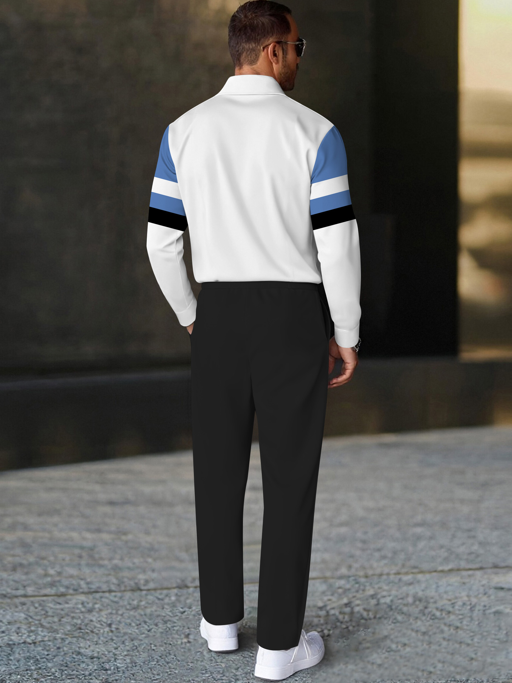 Men's casual multi-color printed polo long-sleeve two-piece set