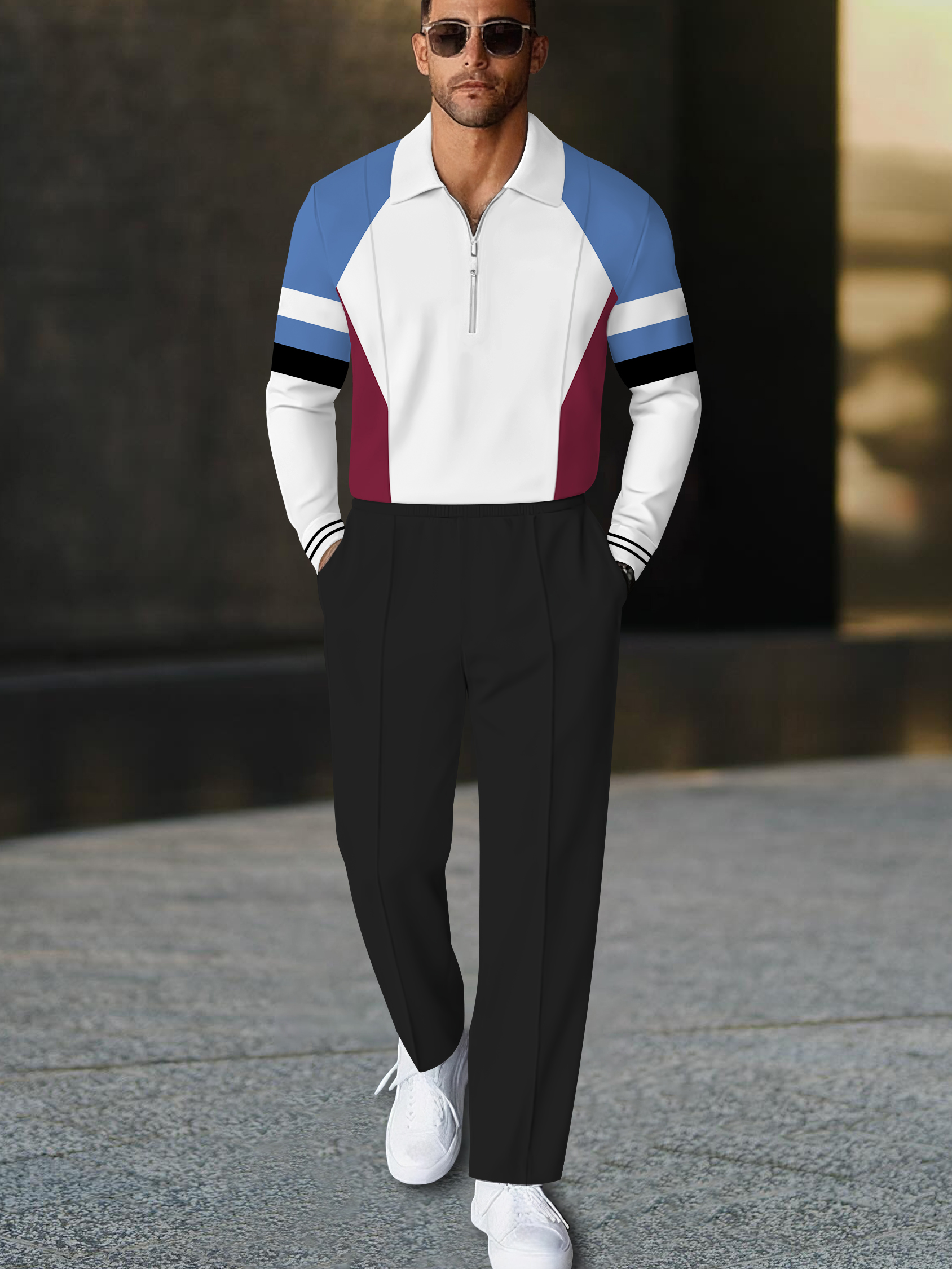 Men's casual multi-color printed polo long-sleeve two-piece set