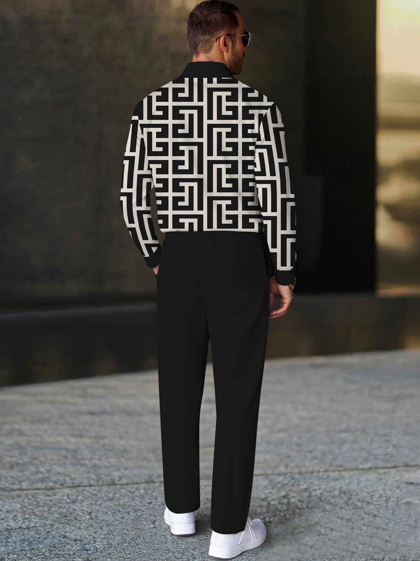 Men's casual black geometric print polo long-sleeve two-piece set