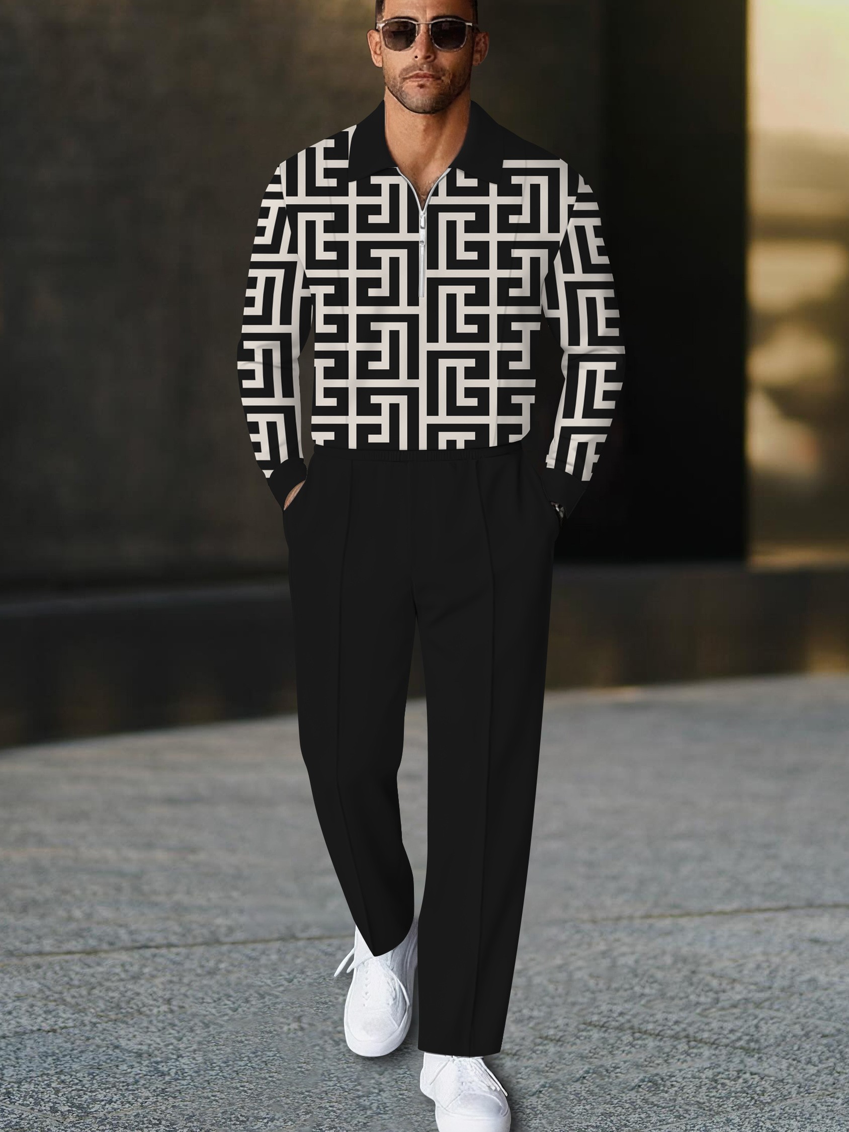 Men's casual black geometric print polo long-sleeve two-piece set