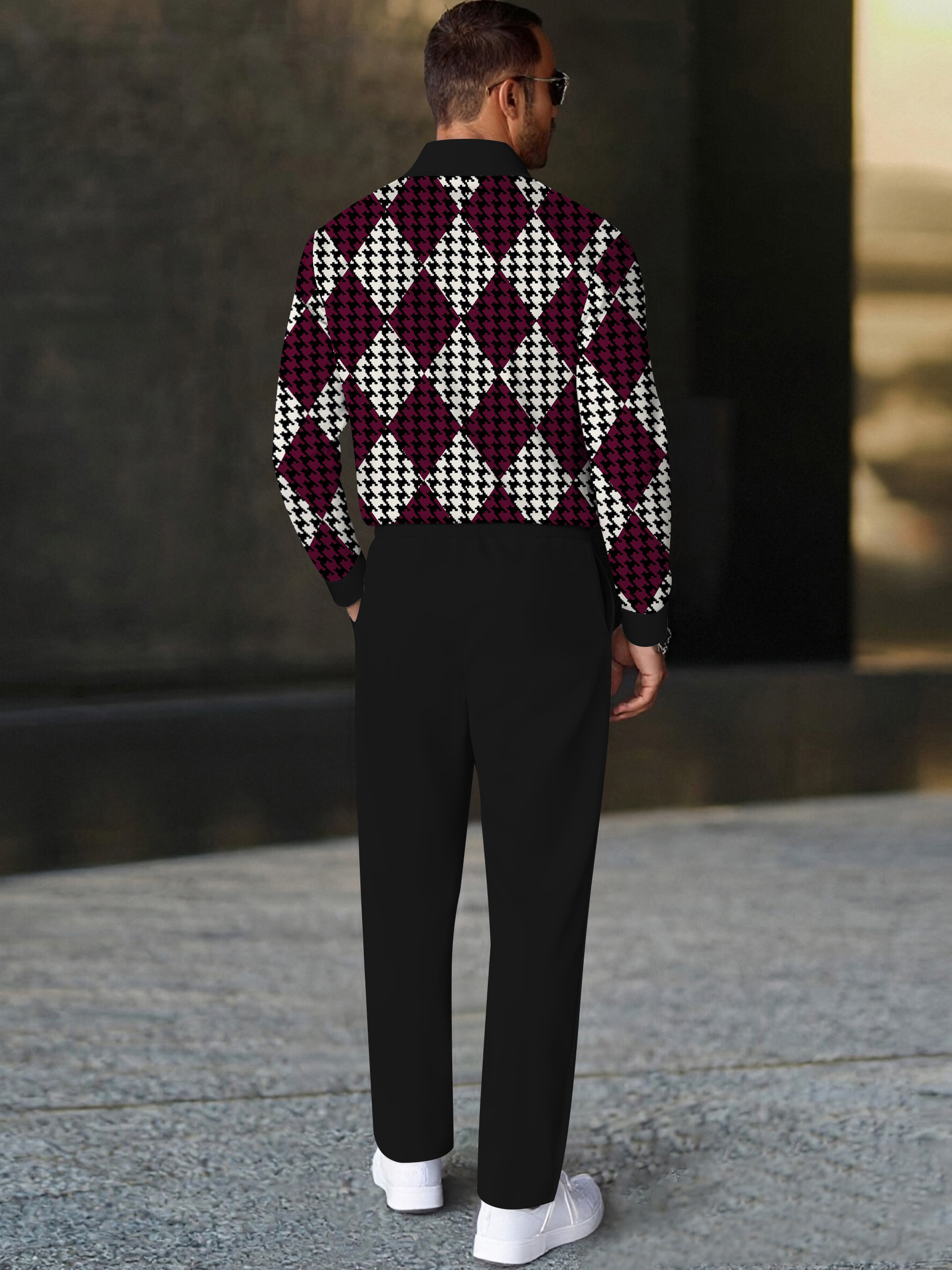 Men's casual black and red geometric print polo long-sleeve two-piece set