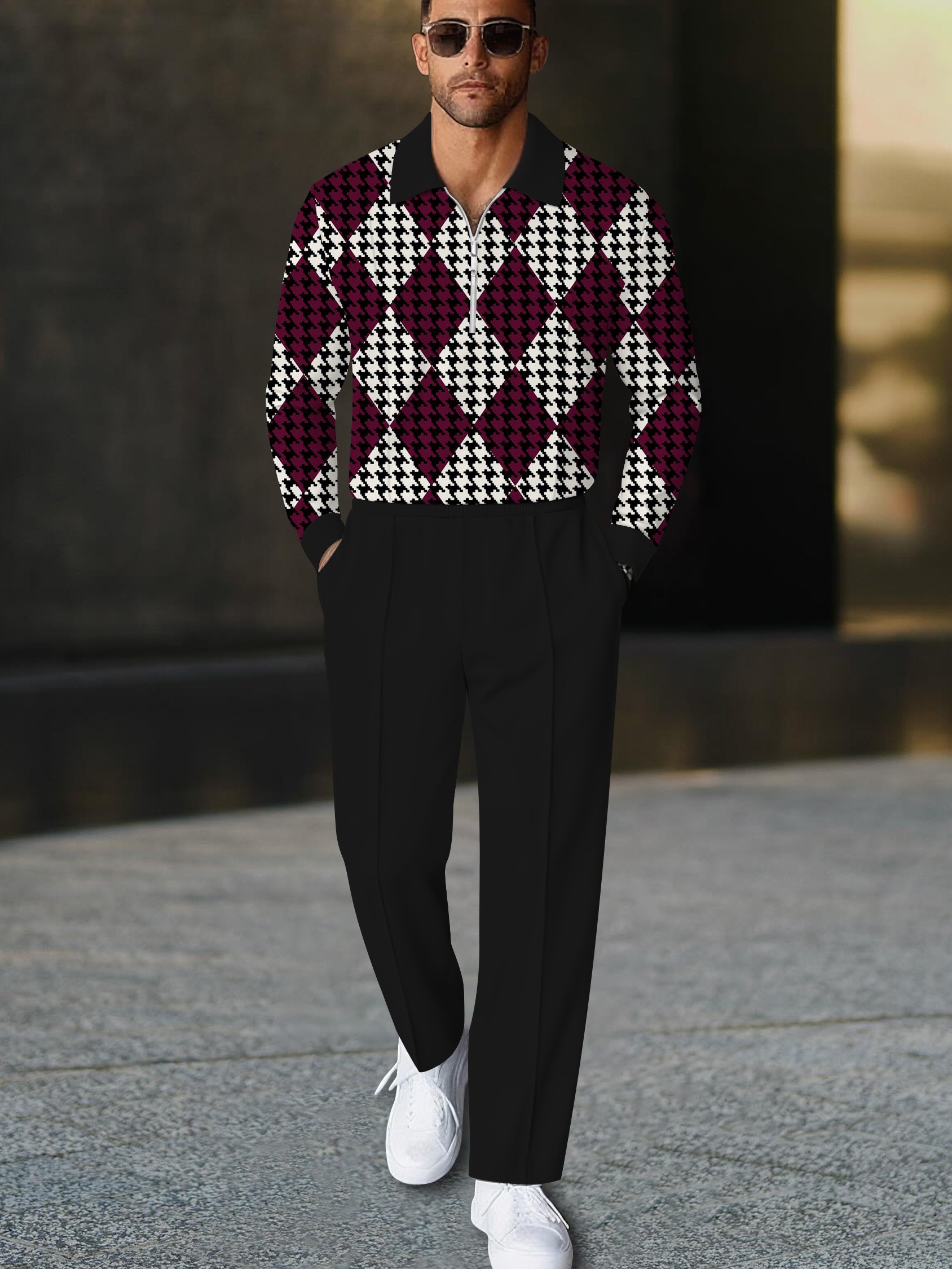Men's casual black and red geometric print polo long-sleeve two-piece set