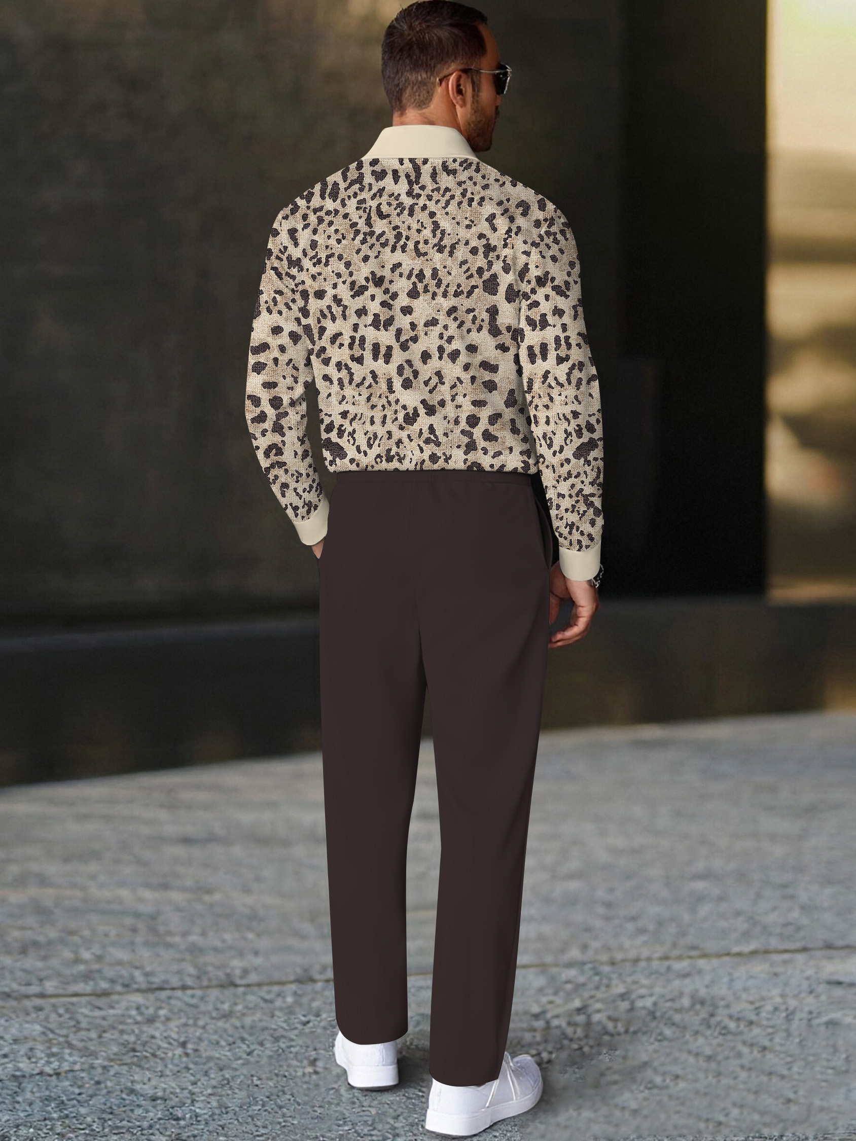 Men's fashionable casual leopard print polo long-sleeve two-piece set