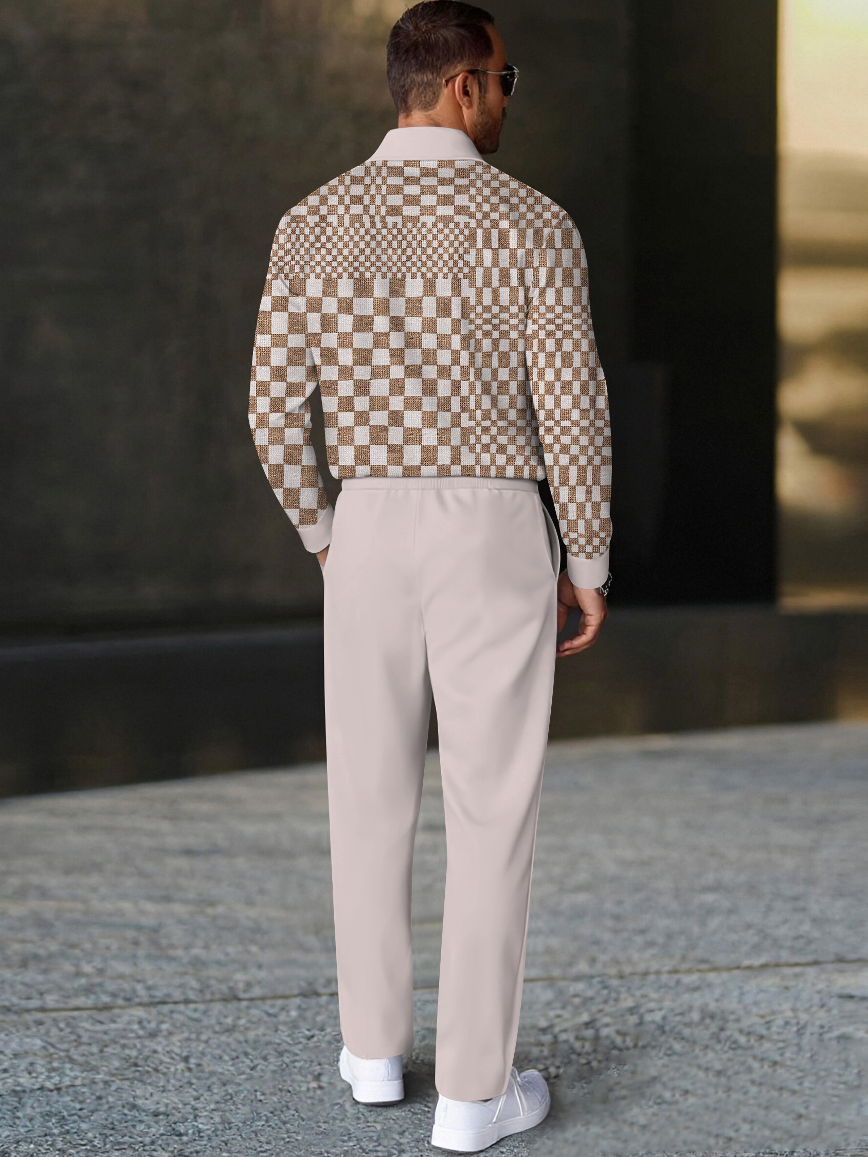 Men's fashionable casual pink checkered print polo long-sleeve two-piece set