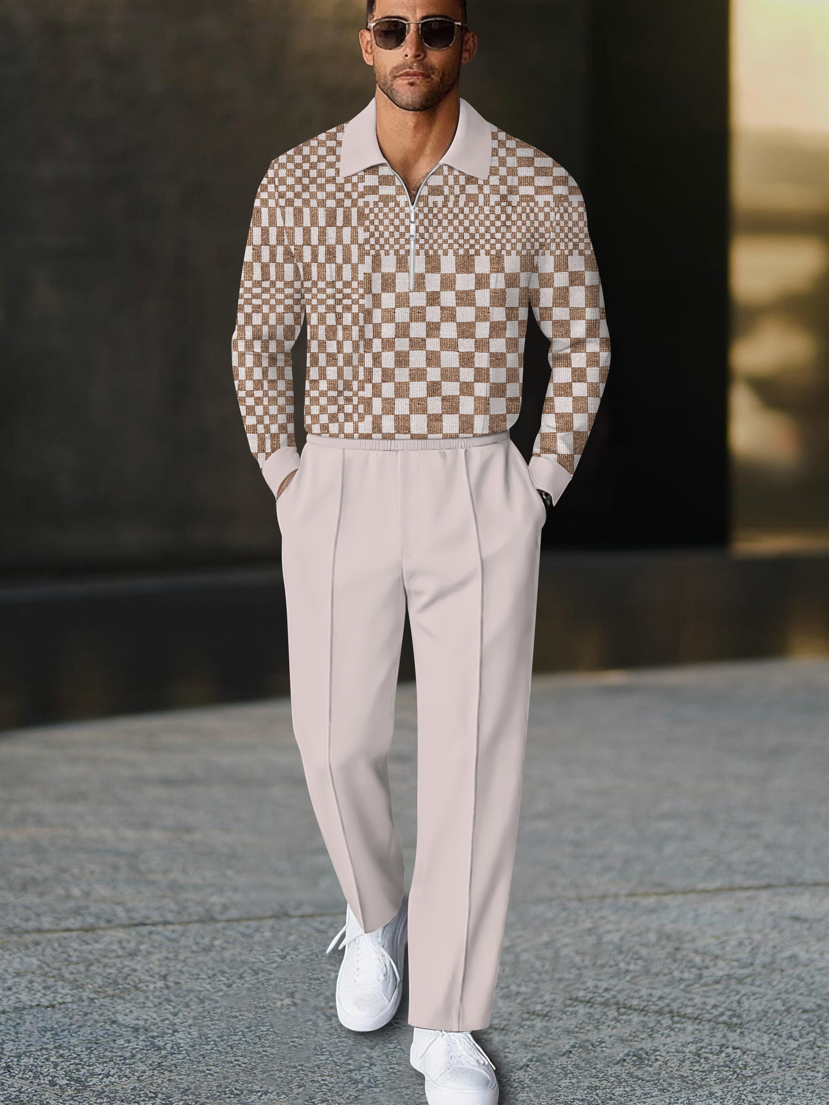 Men's fashionable casual pink checkered print polo long-sleeve two-piece set