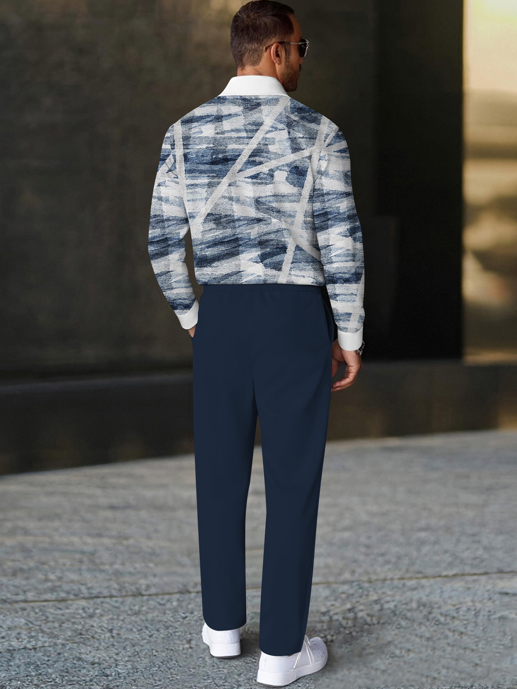 Men's fashionable casual blue printed polo long-sleeve two-piece set