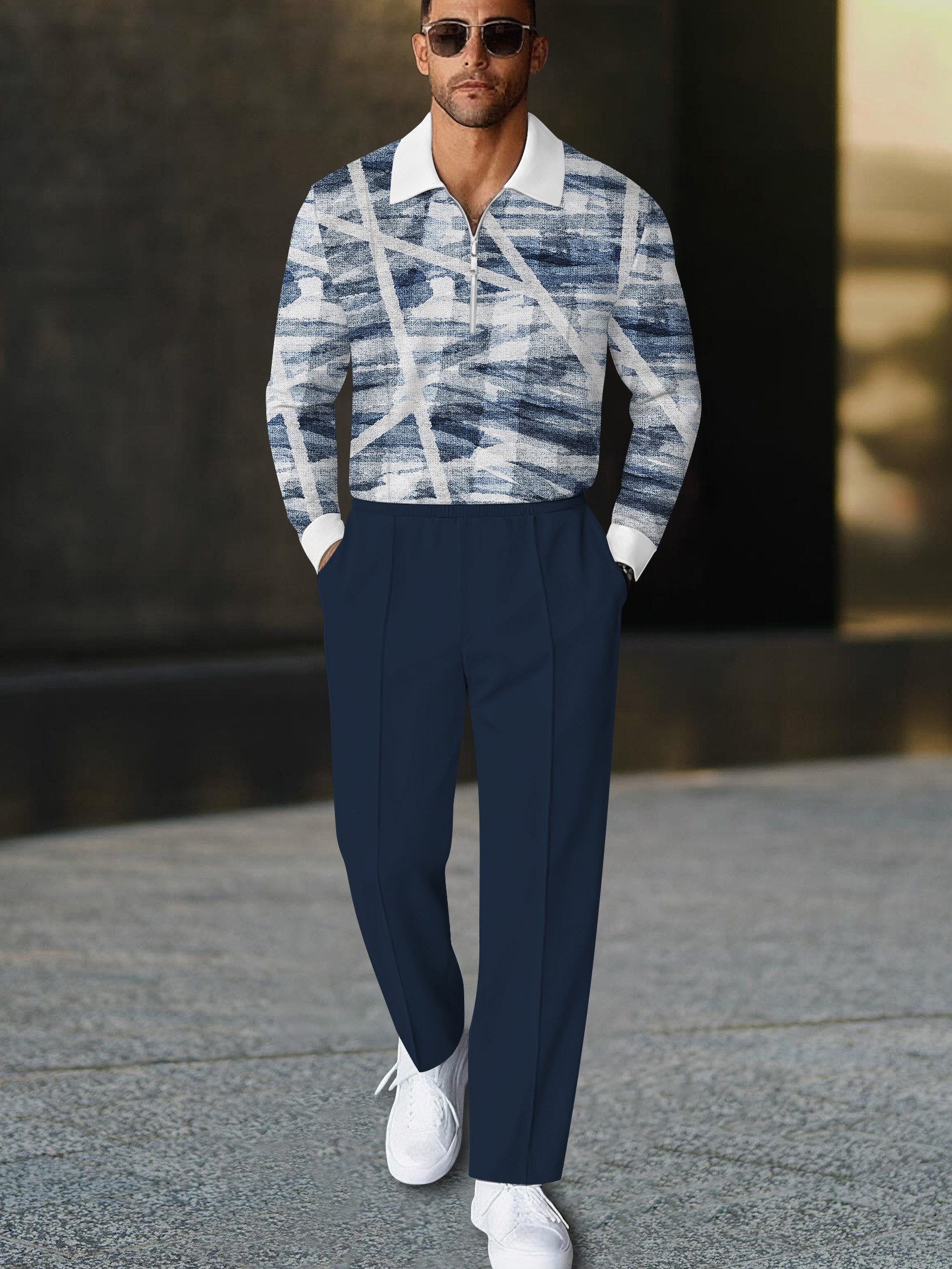 Men's fashionable casual blue printed polo long-sleeve two-piece set