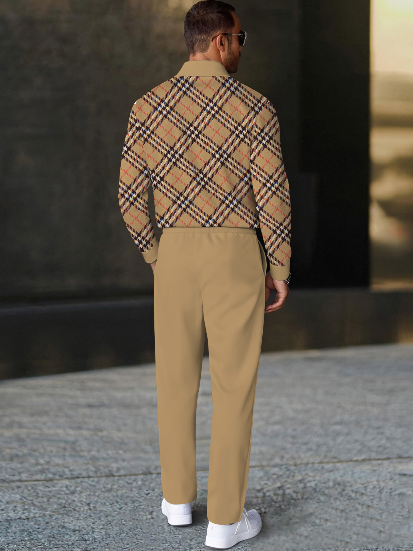 Men's stylish casual khaki checkered print polo long-sleeve two-piece set