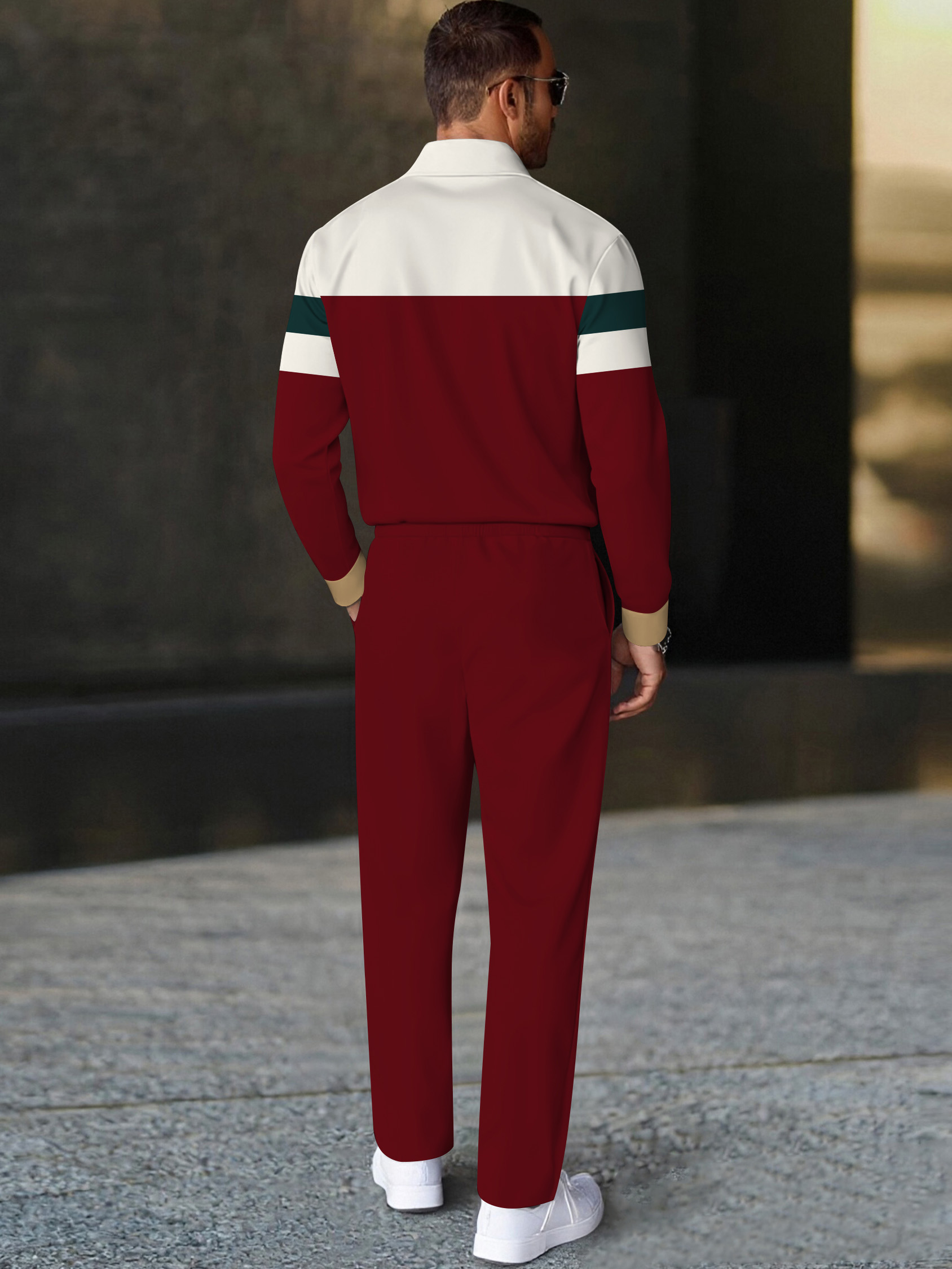 Men's fashionable casual wine-red striped print polo long-sleeve two-piece set