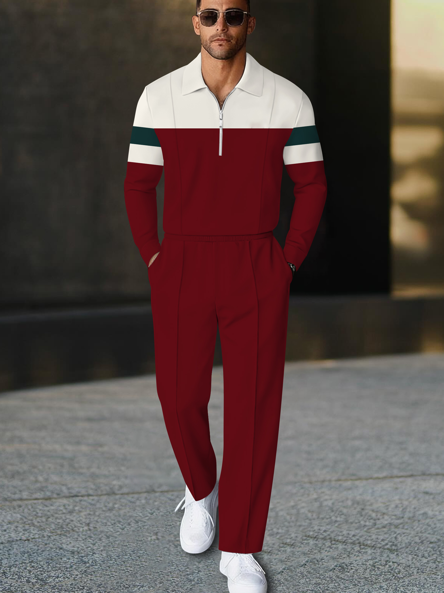 Men's fashionable casual wine-red striped print polo long-sleeve two-piece set