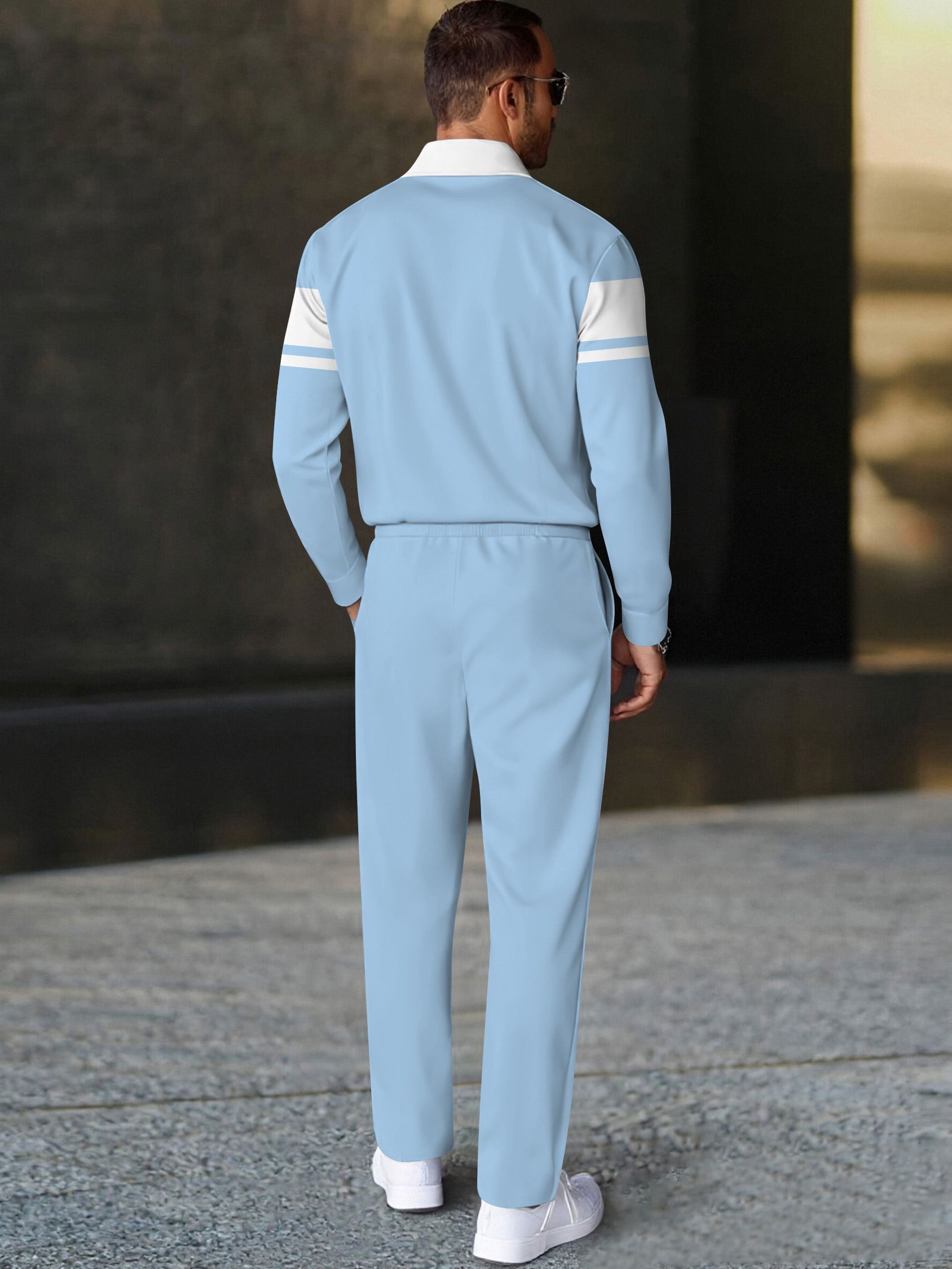 Men's fashionable casual blue striped print polo long-sleeve two-piece set