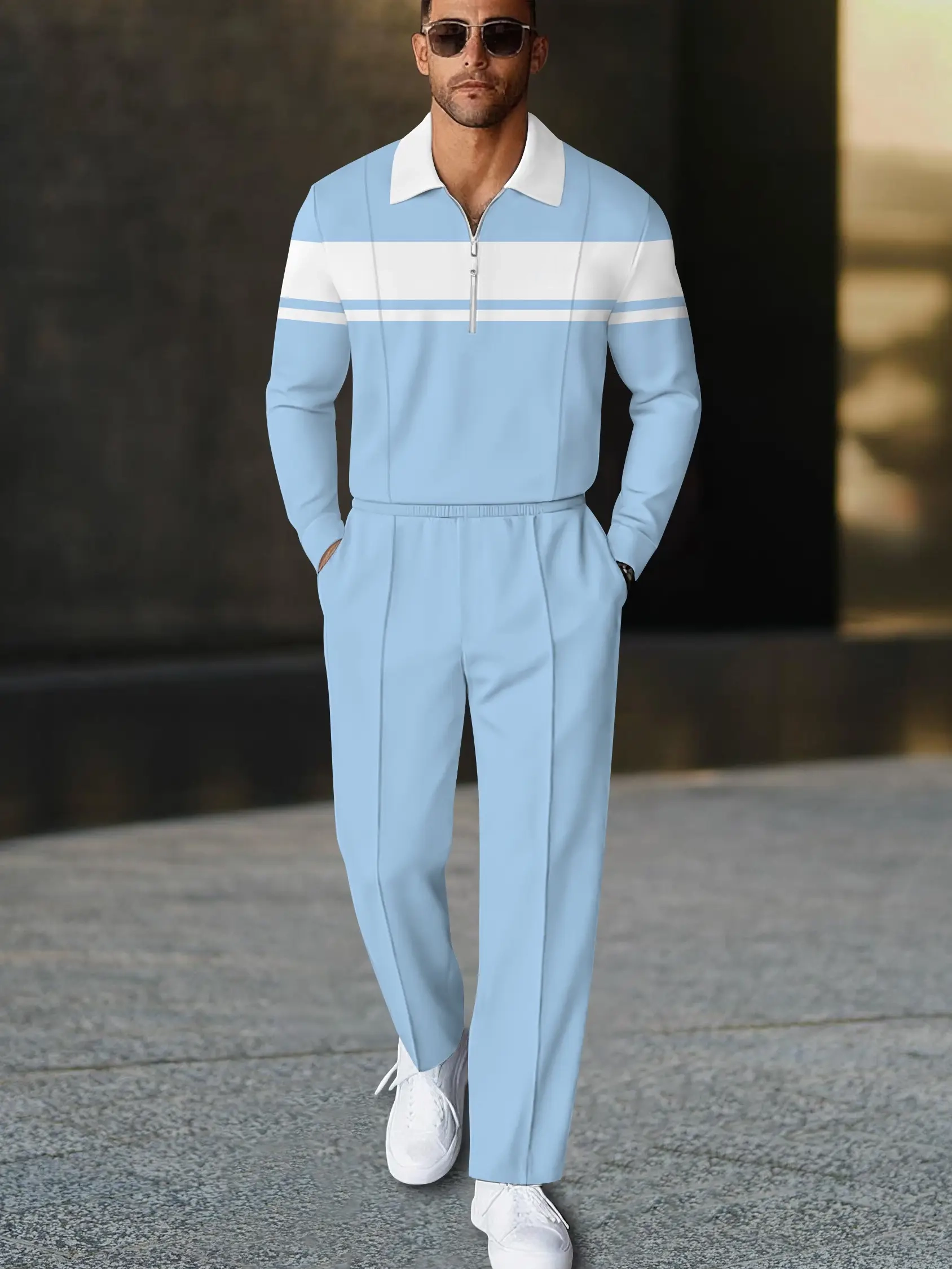 Men's fashionable casual blue striped print polo long-sleeve two-piece set