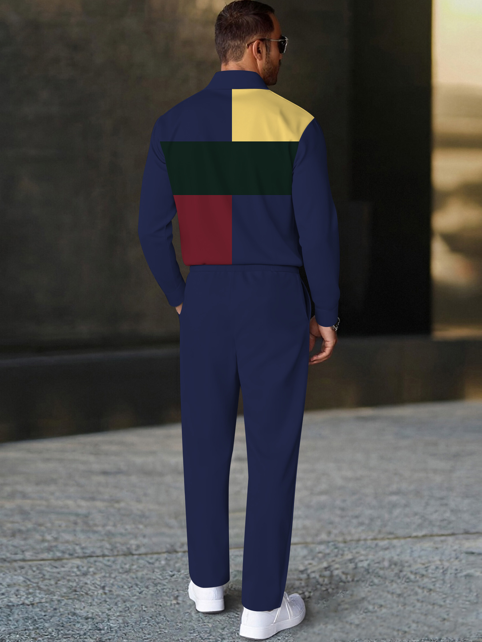 Men's fashionable casual multi-color printed polo long-sleeve two-piece set