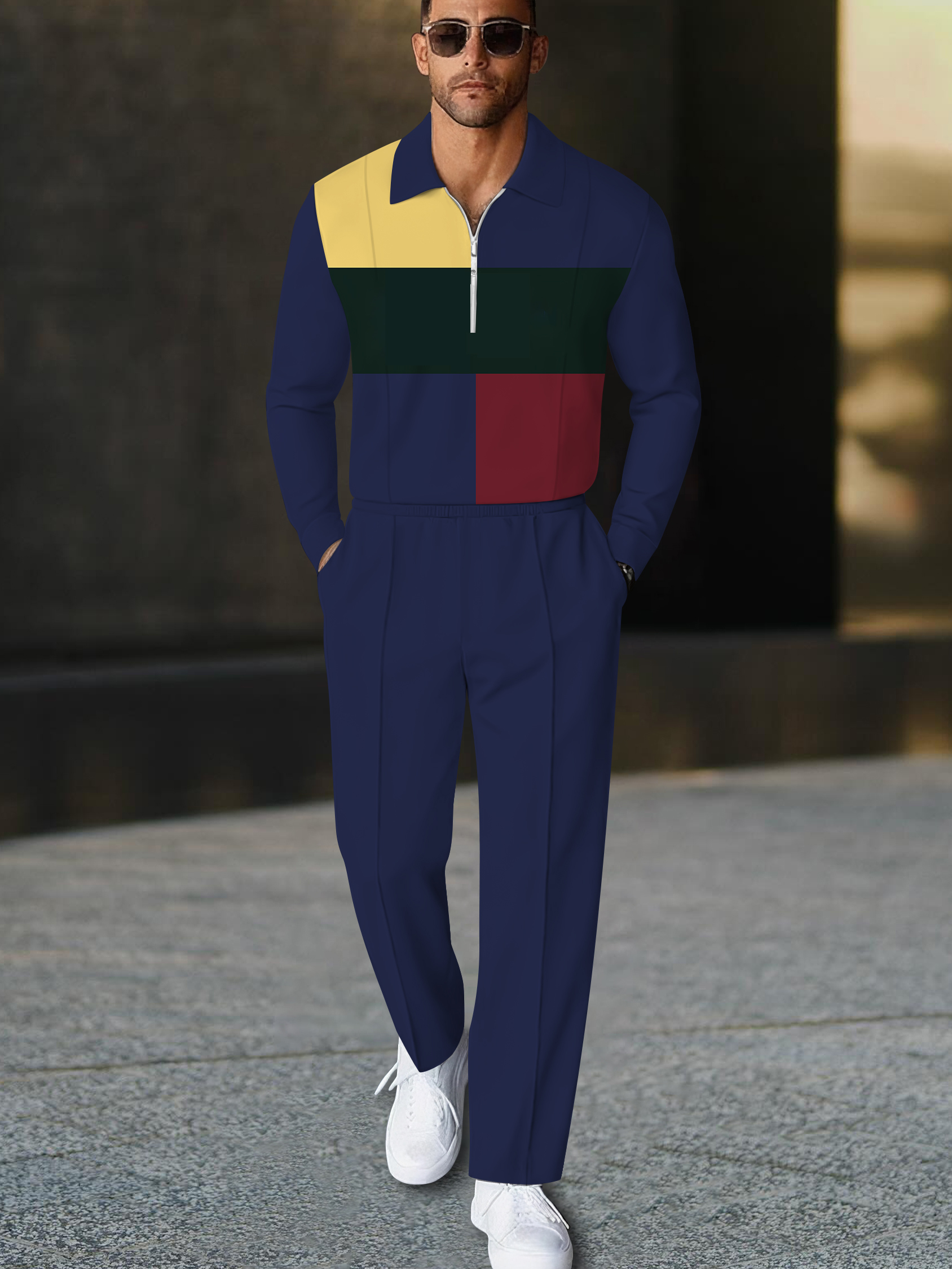 Men's fashionable casual multi-color printed polo long-sleeve two-piece set