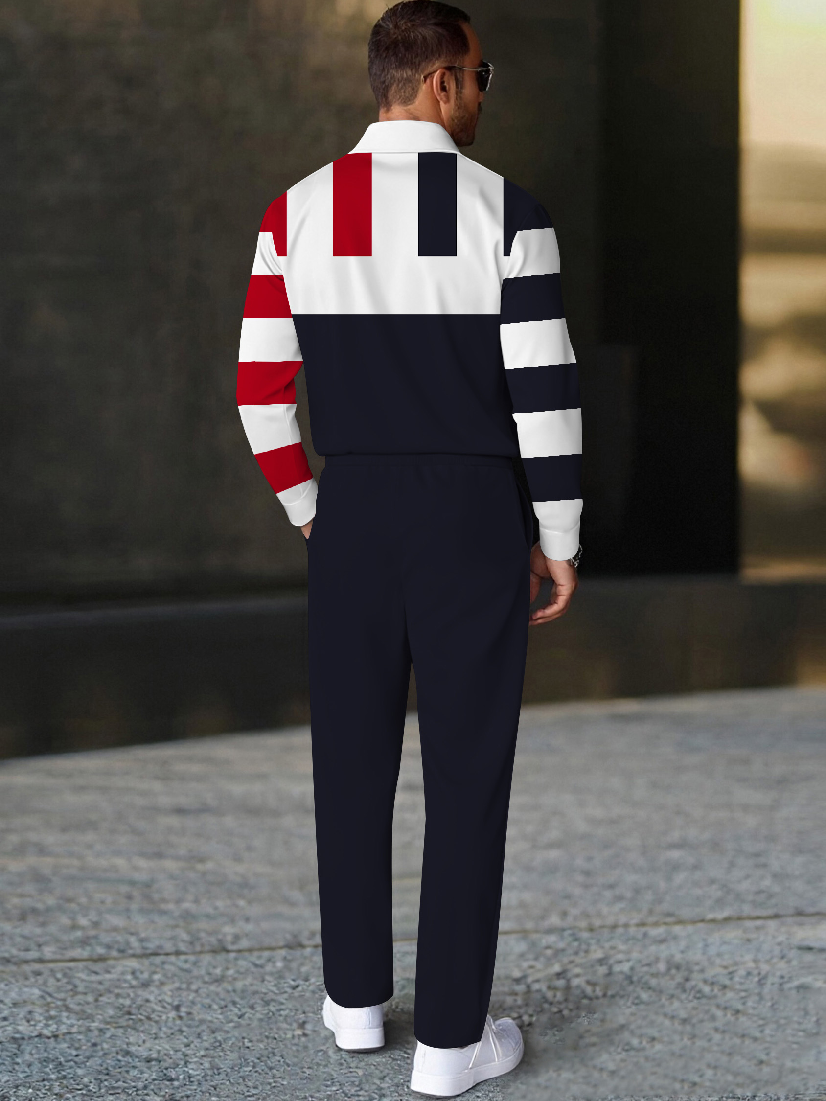 Men's fashionable casual multi-color striped print polo long-sleeve two-piece set