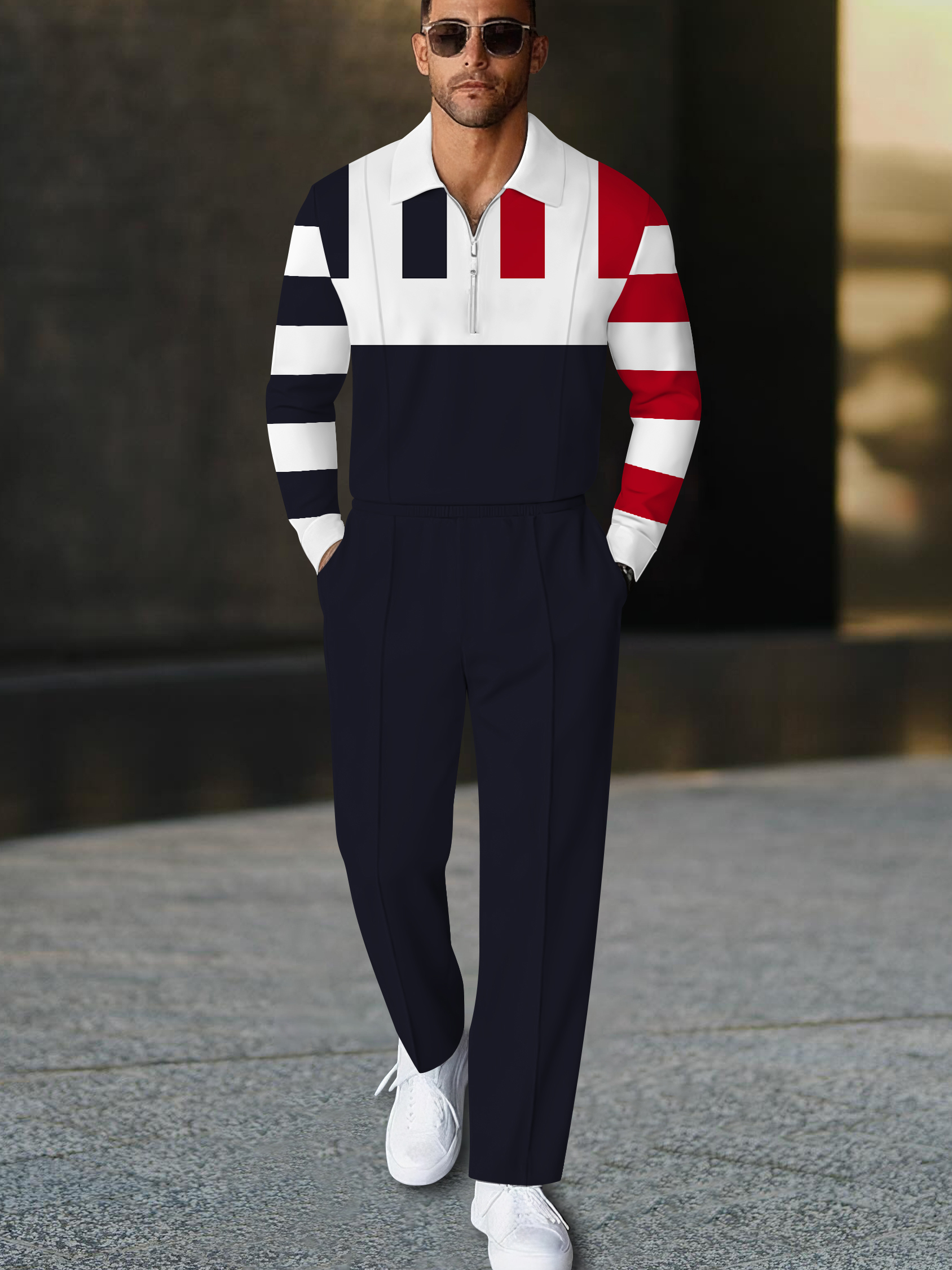 Men's fashionable casual multi-color striped print polo long-sleeve two-piece set