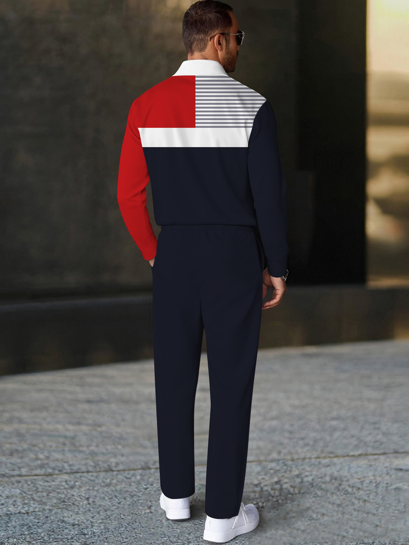 Men's stylish casual striped print polo long-sleeve two-piece set