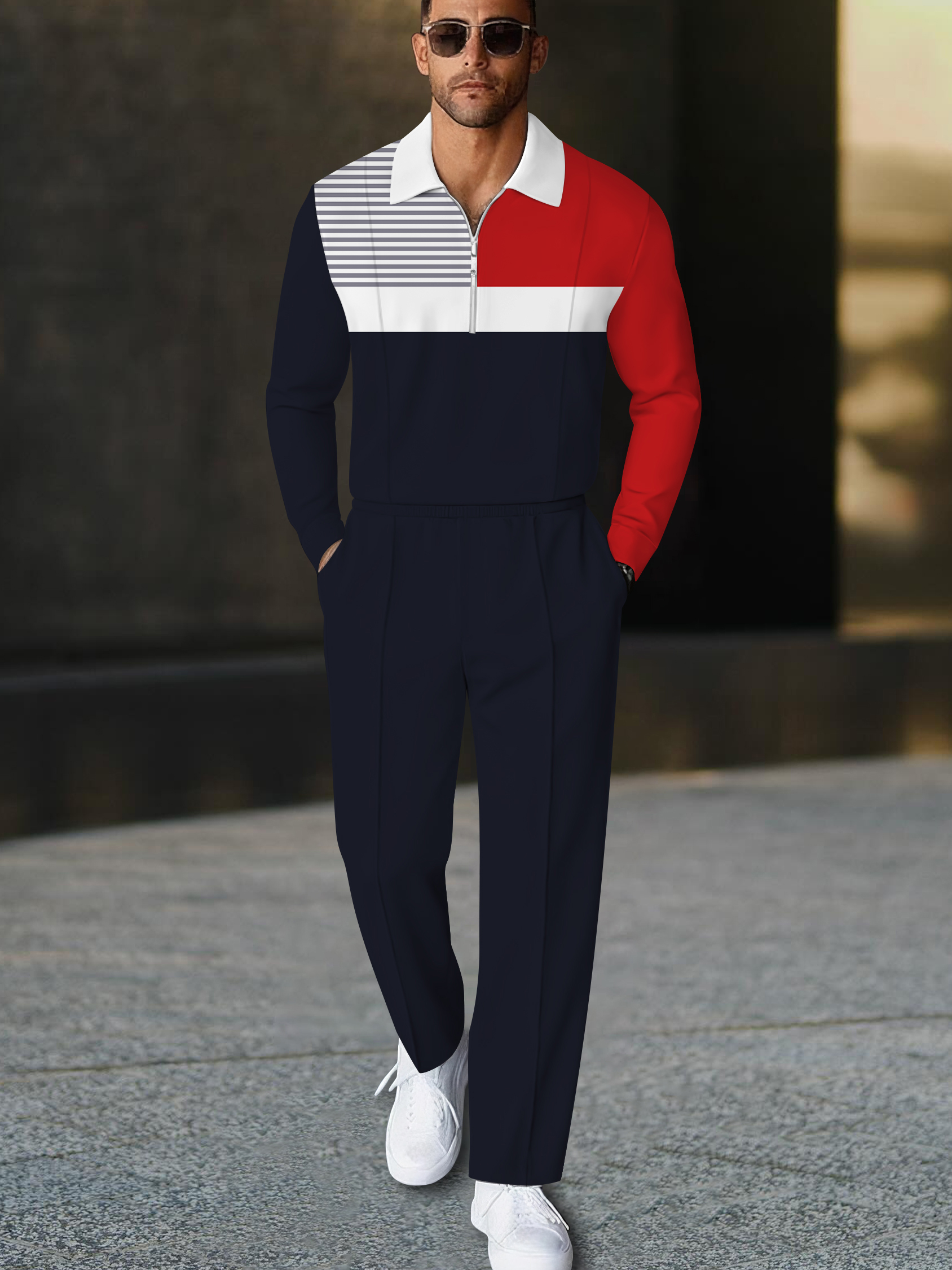 Men's stylish casual striped print polo long-sleeve two-piece set
