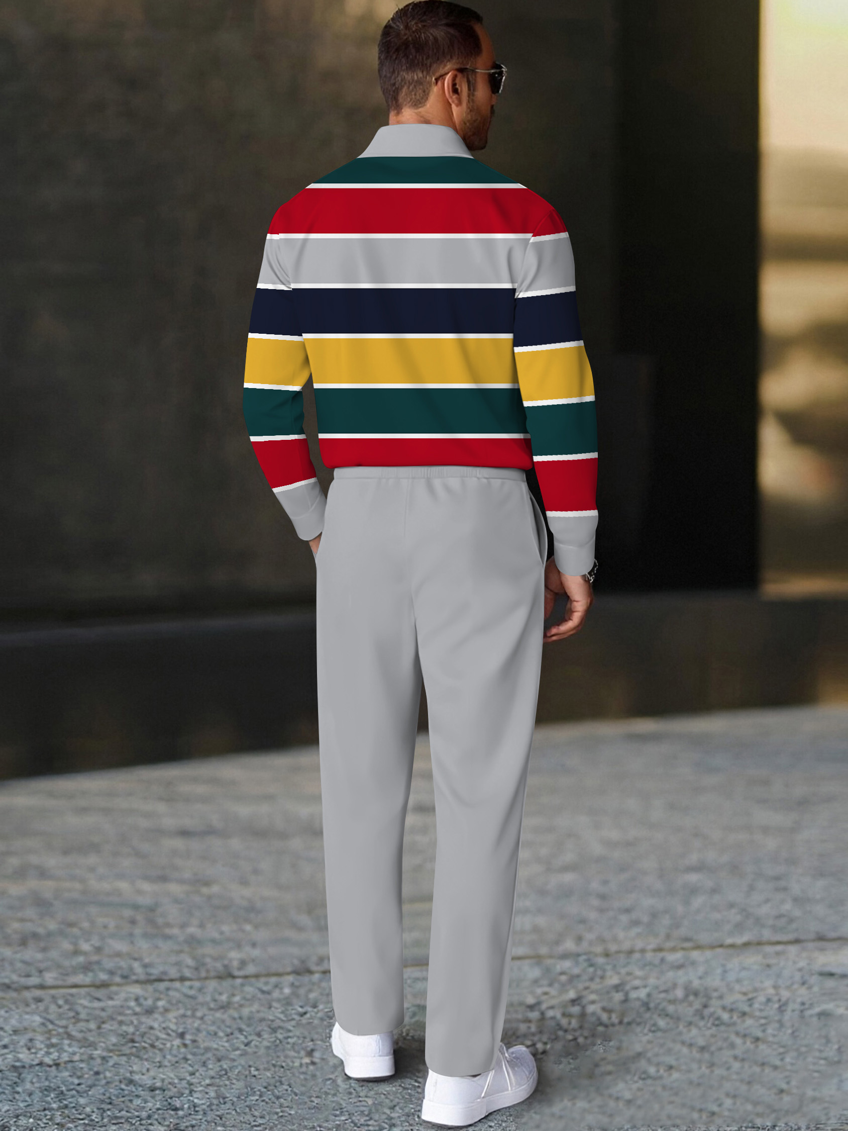 Men's casual colorful striped print polo long-sleeve two-piece set