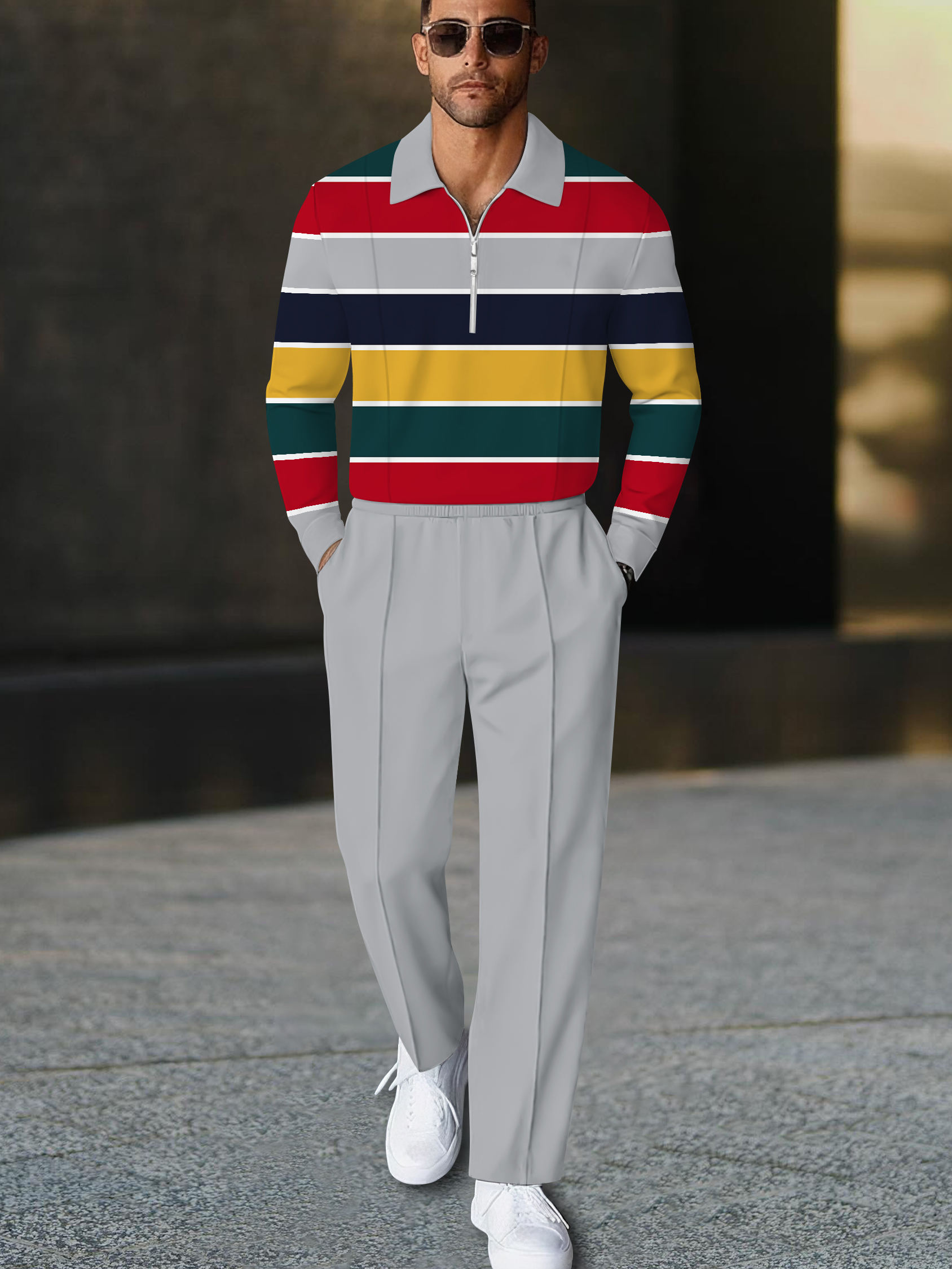 Men's casual colorful striped print polo long-sleeve two-piece set