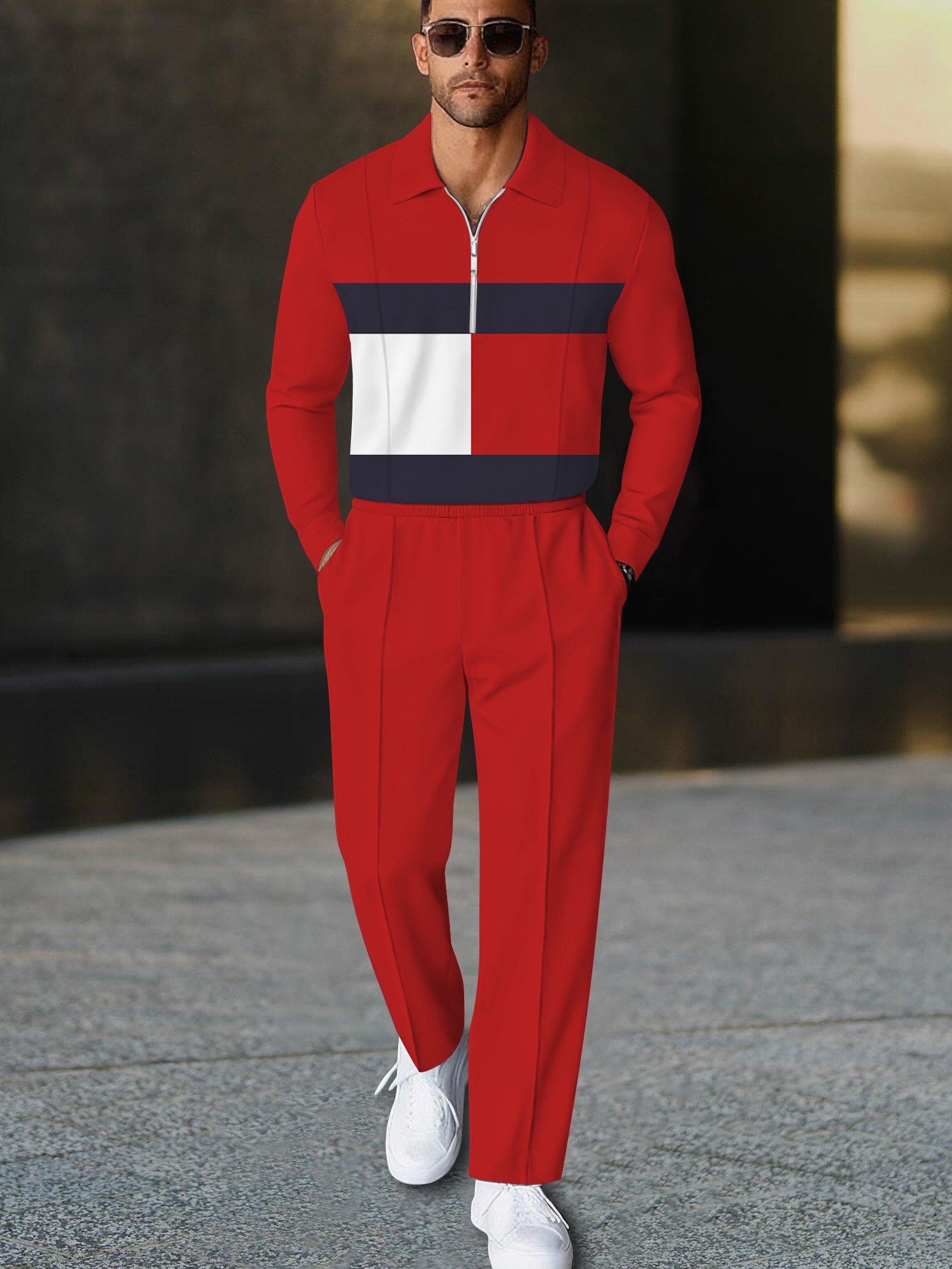 Men's casual red geometric print polo long-sleeve two-piece set
