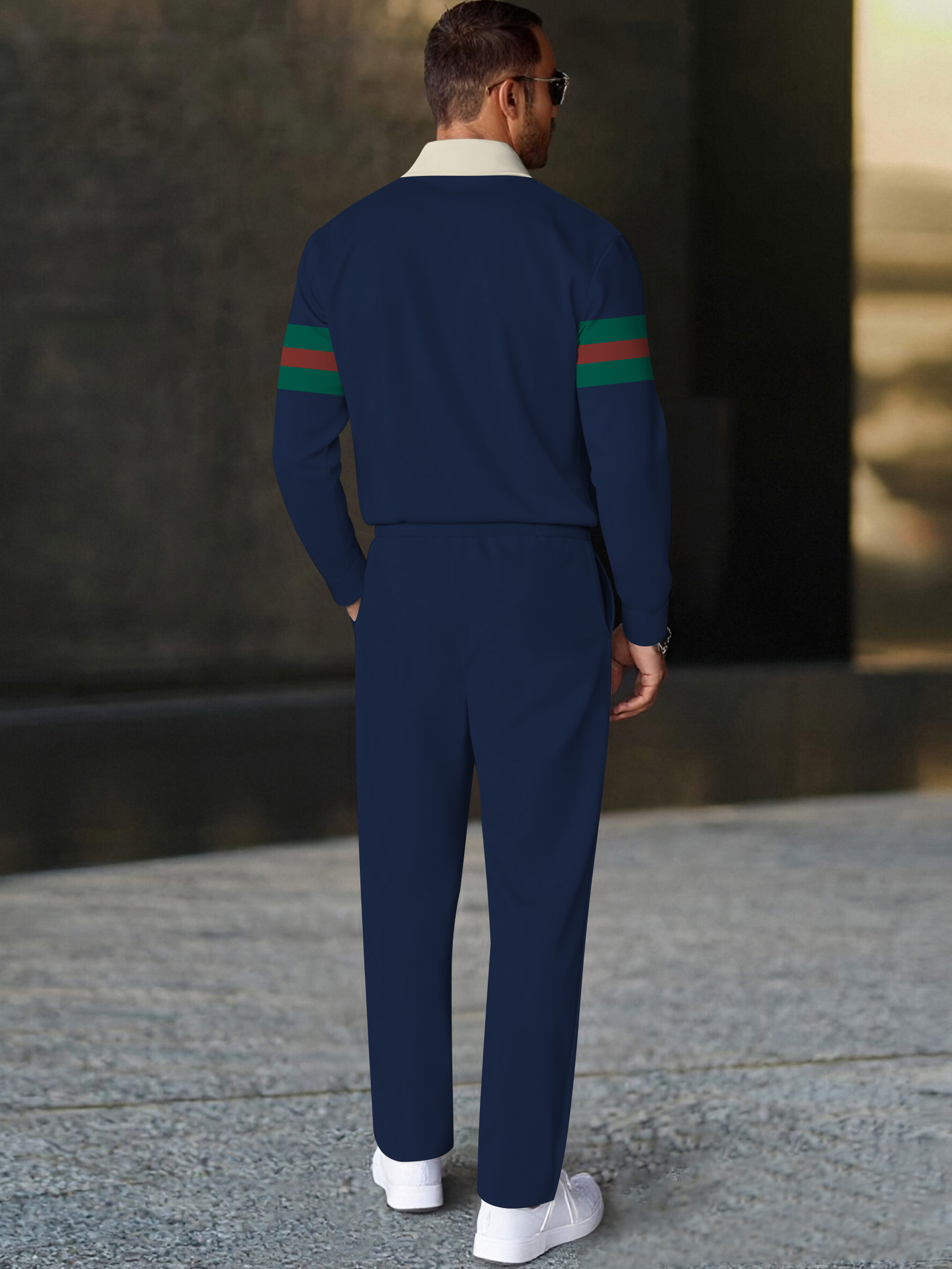 Men's casual navy striped polo long-sleeve two-piece set