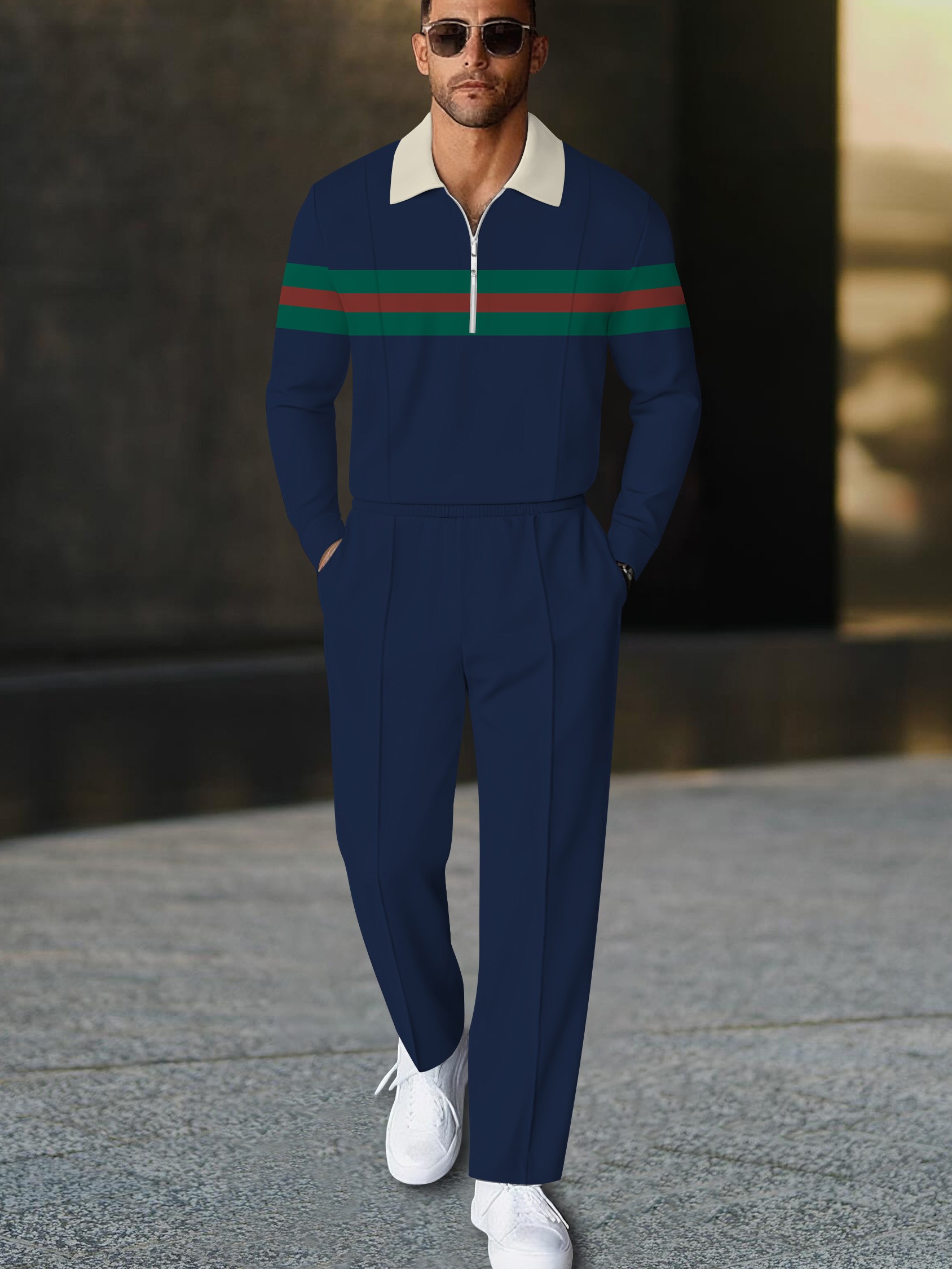 Men's casual navy striped polo long-sleeve two-piece set