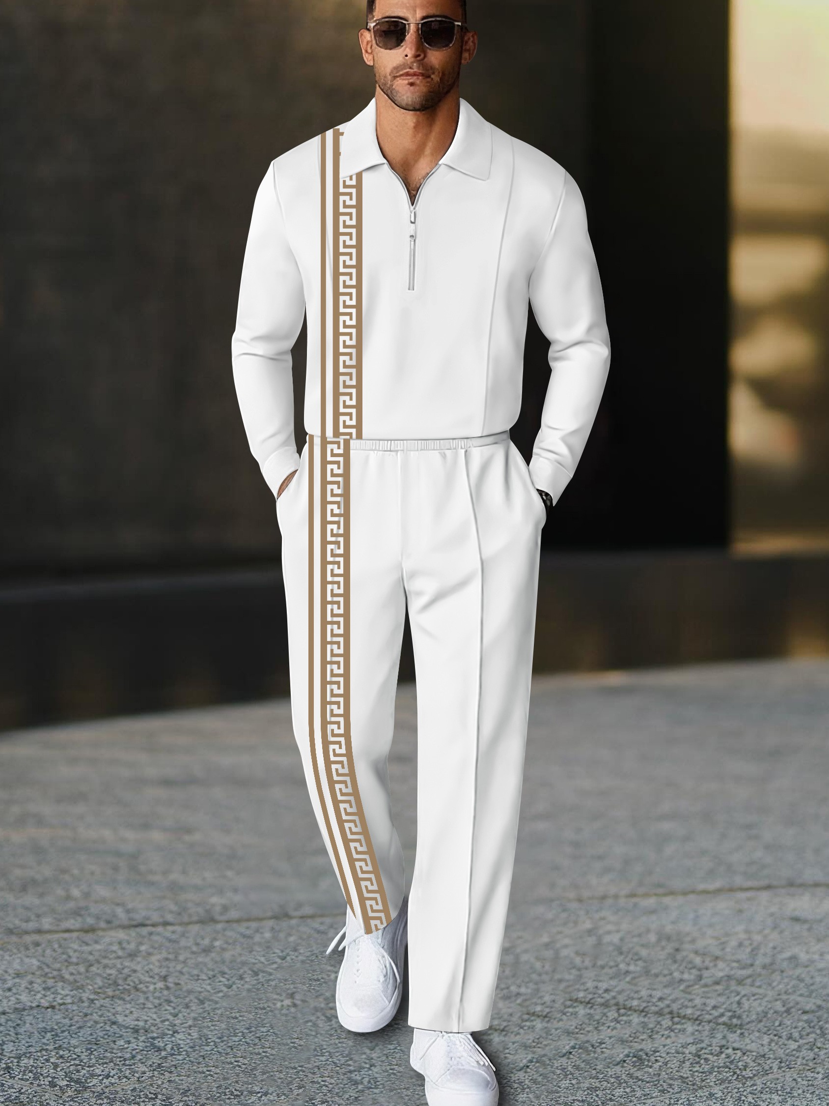 Men's casual geometric print polo long-sleeve two-piece set