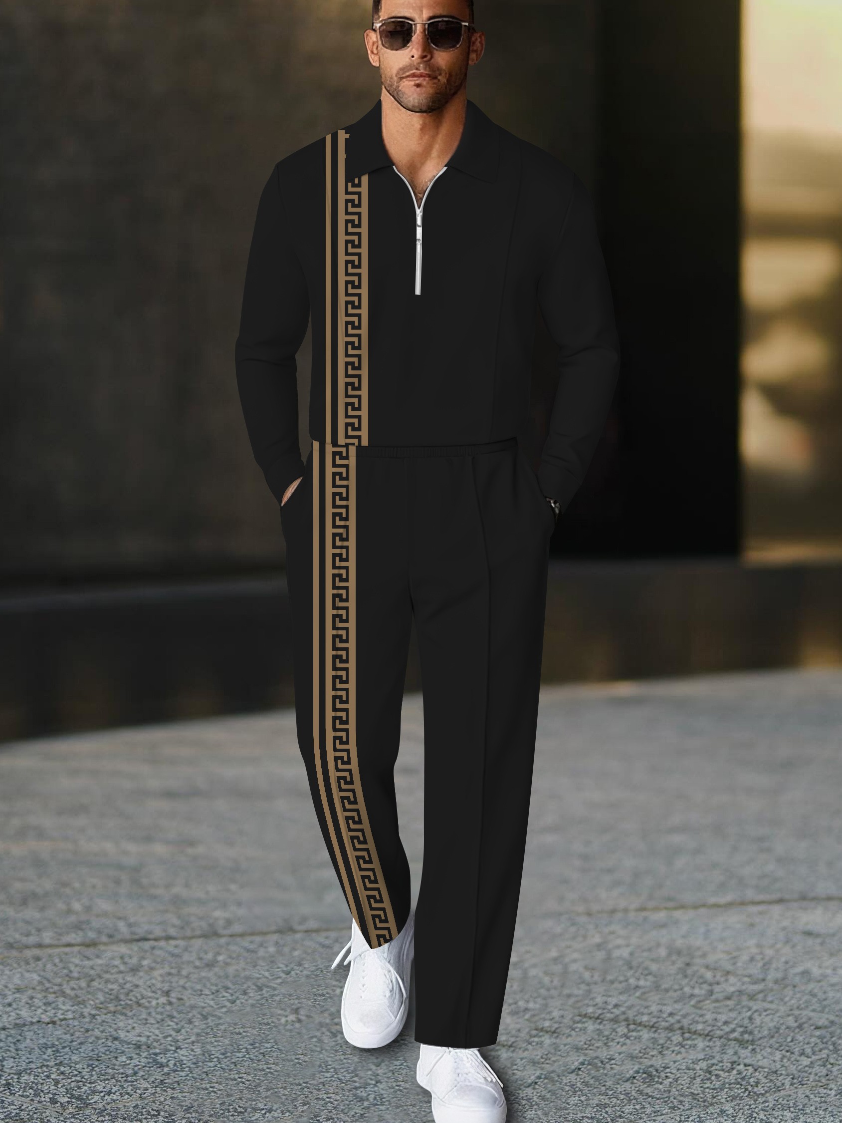 Men's casual geometric print polo long-sleeve two-piece set