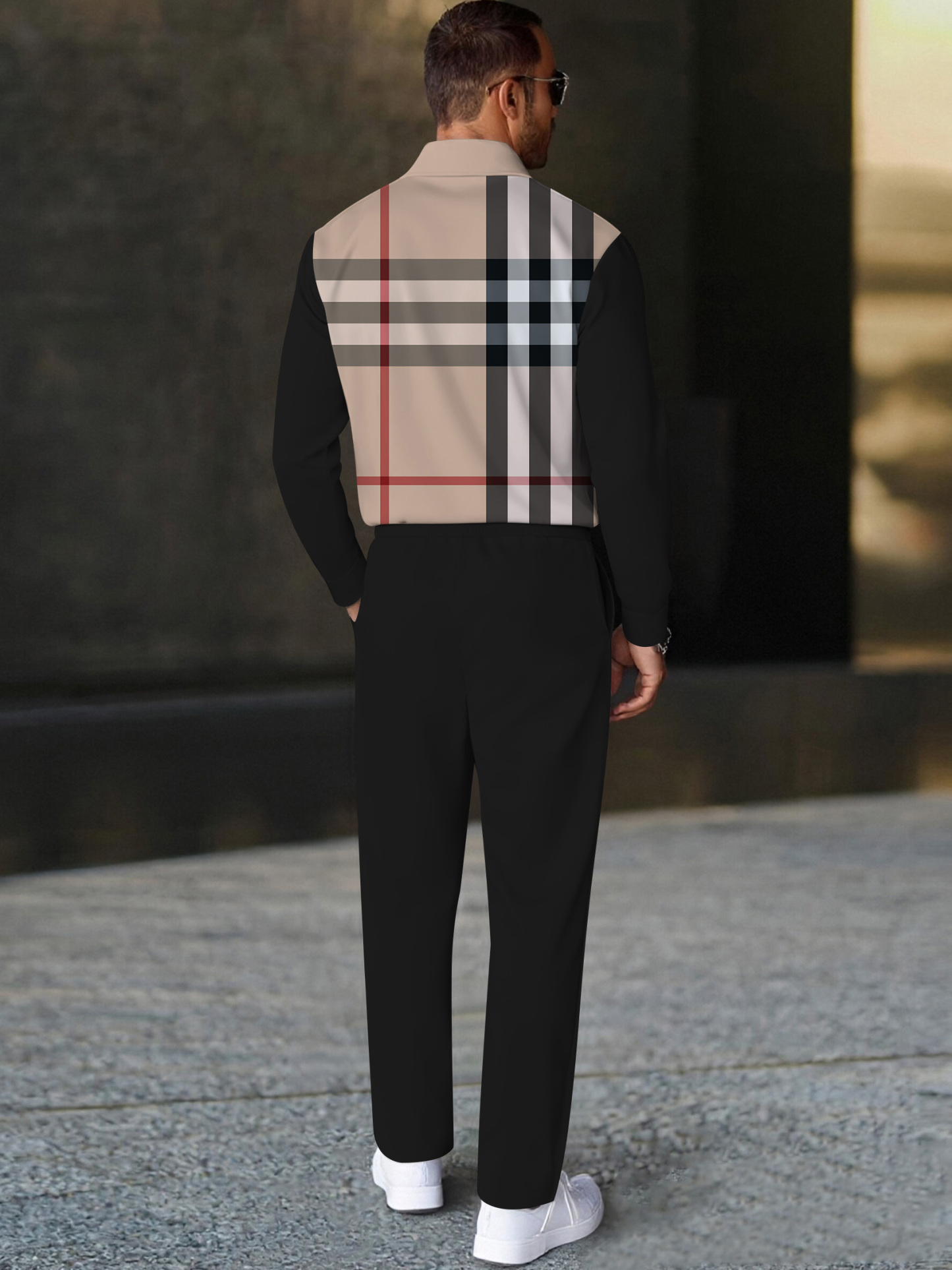 Men's fashionable checkered print polo long-sleeve two-piece set