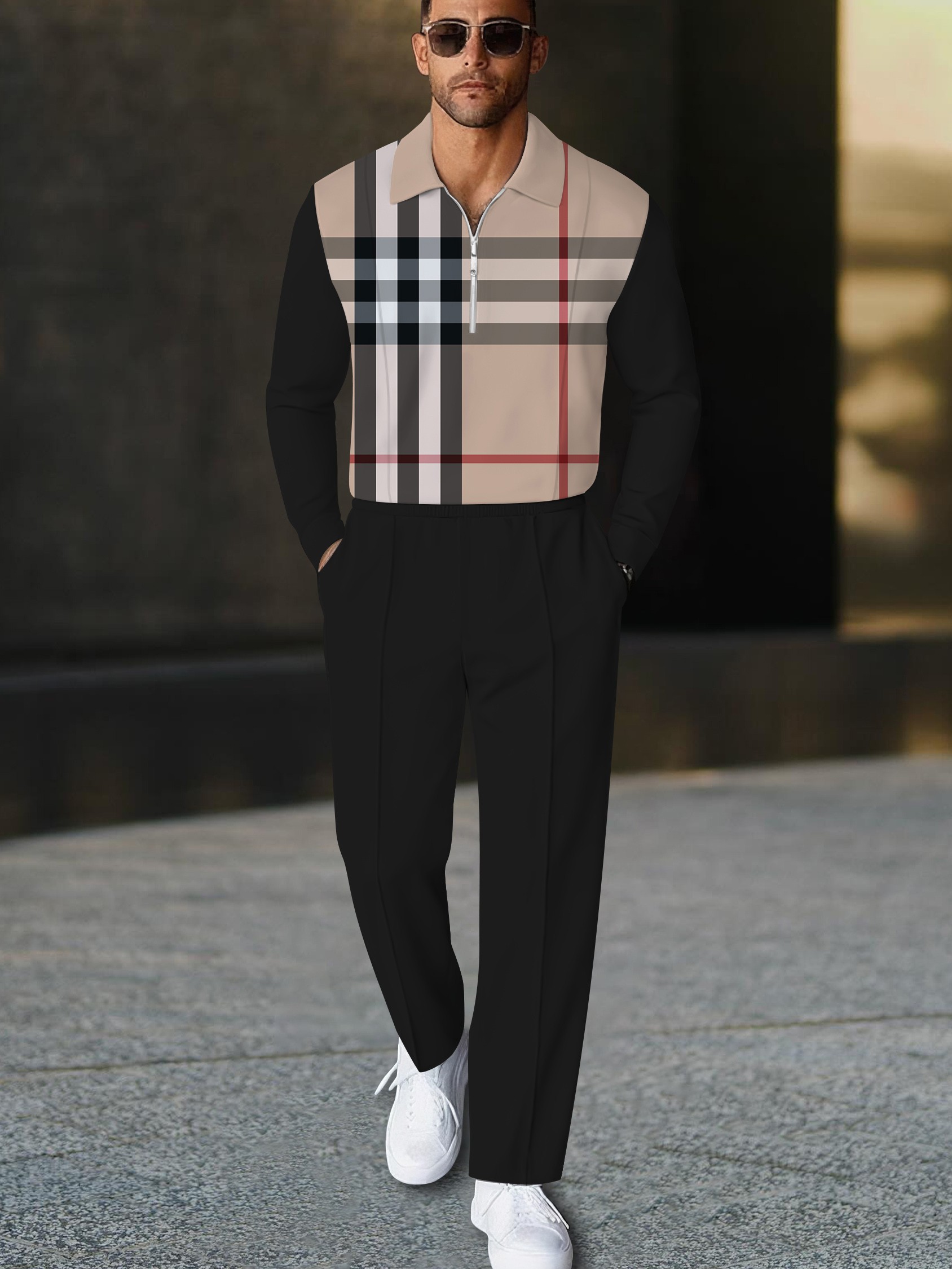 Men's fashionable checkered print polo long-sleeve two-piece set