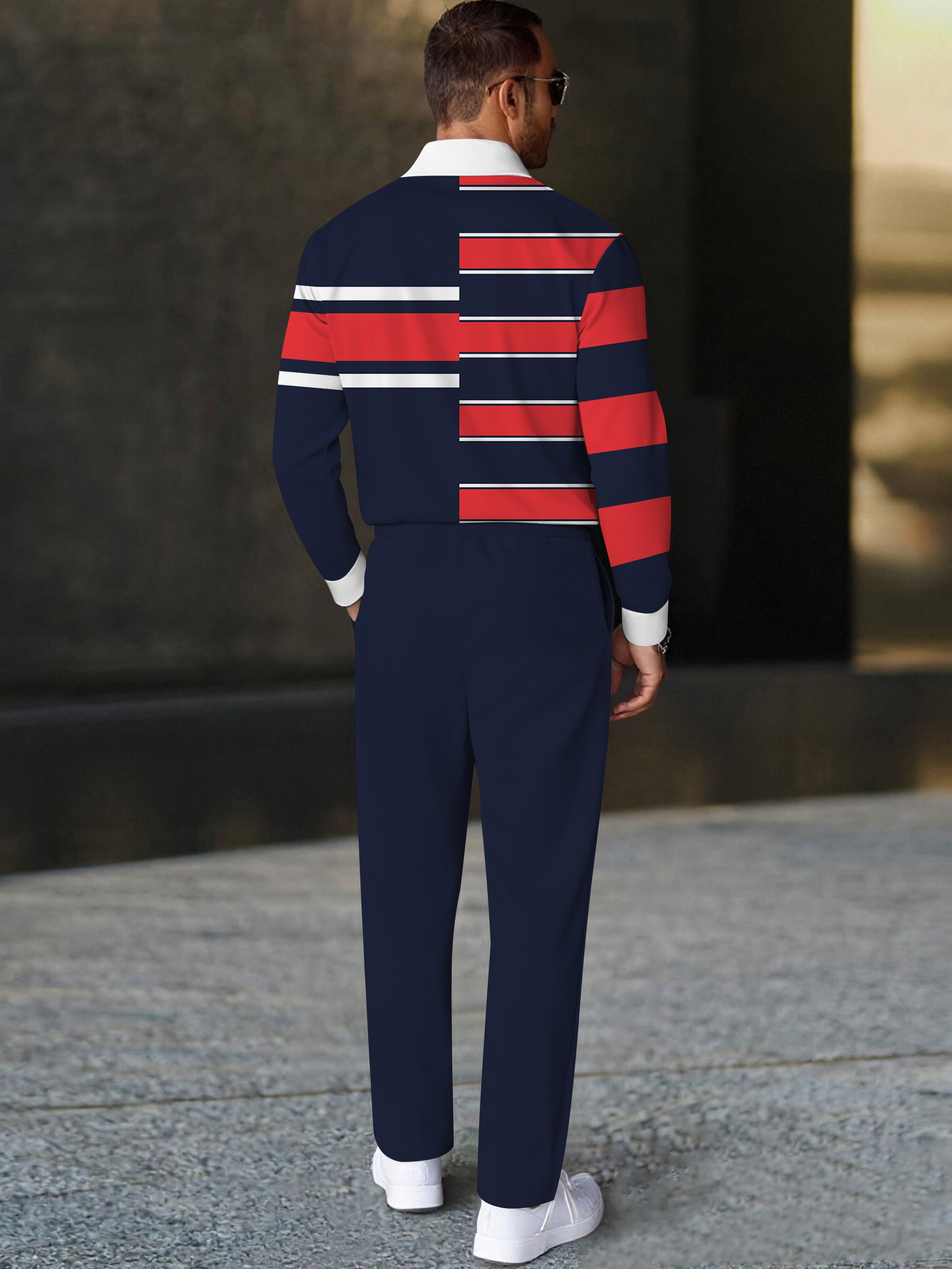 Men's casual striped print polo long-sleeve two-piece set