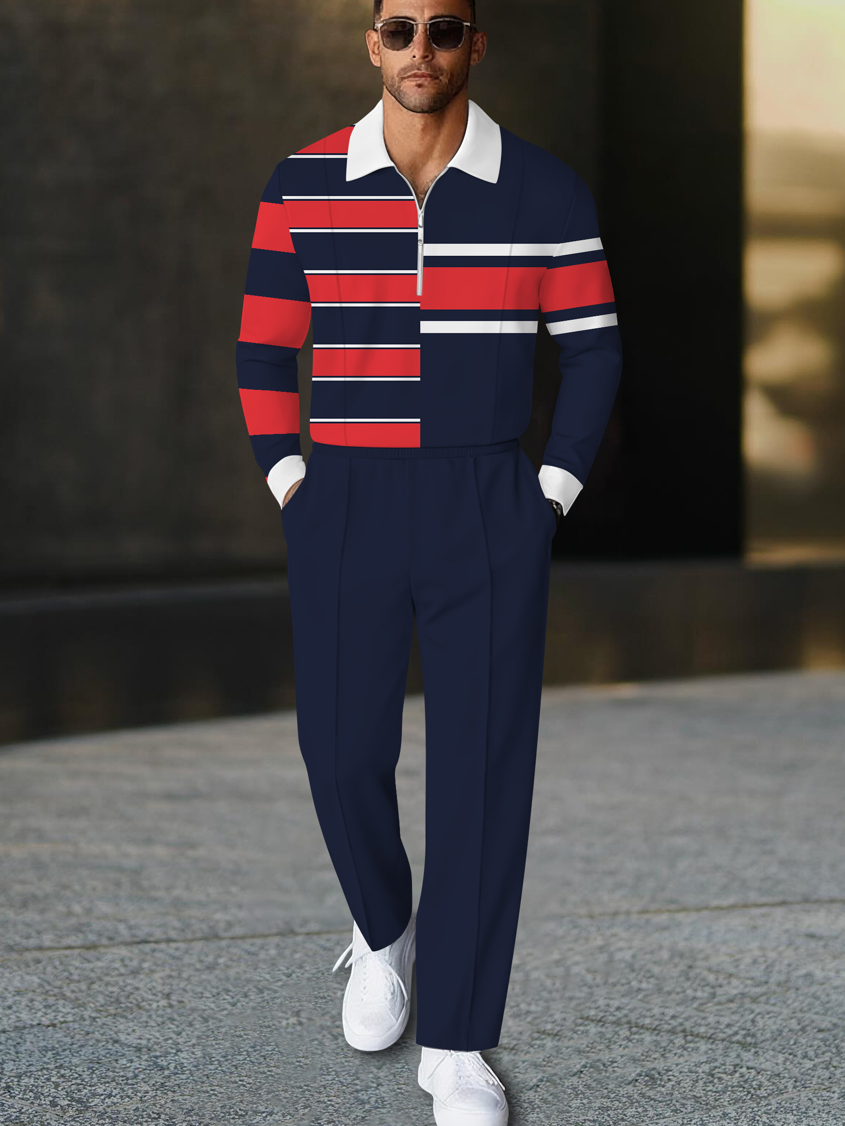 Men's casual striped print polo long-sleeve two-piece set