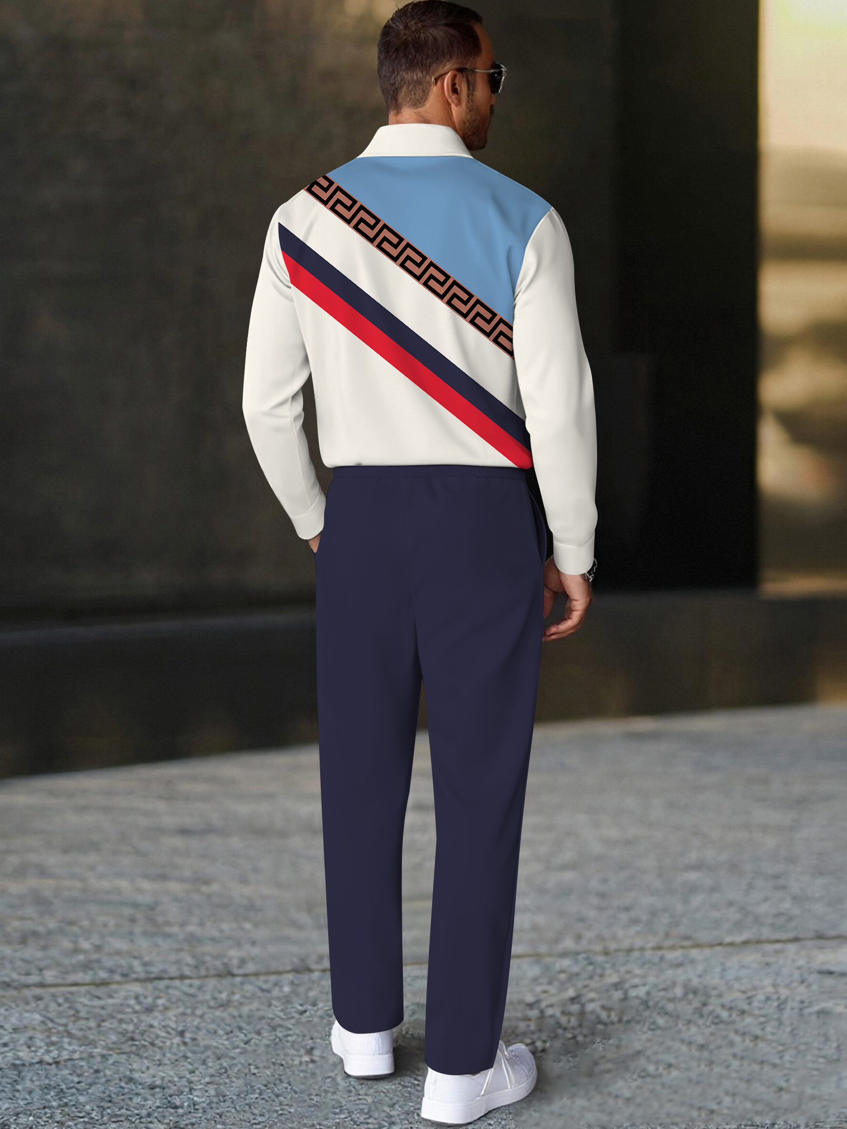 Men's fashionable geometric print polo long-sleeve two-piece set