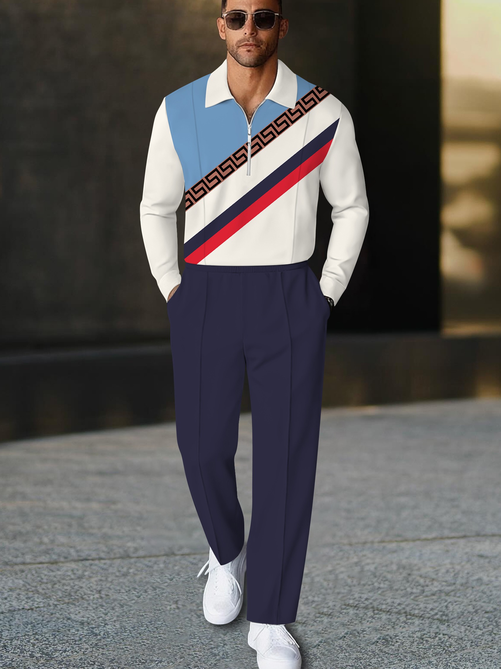 Men's fashionable geometric print polo long-sleeve two-piece set