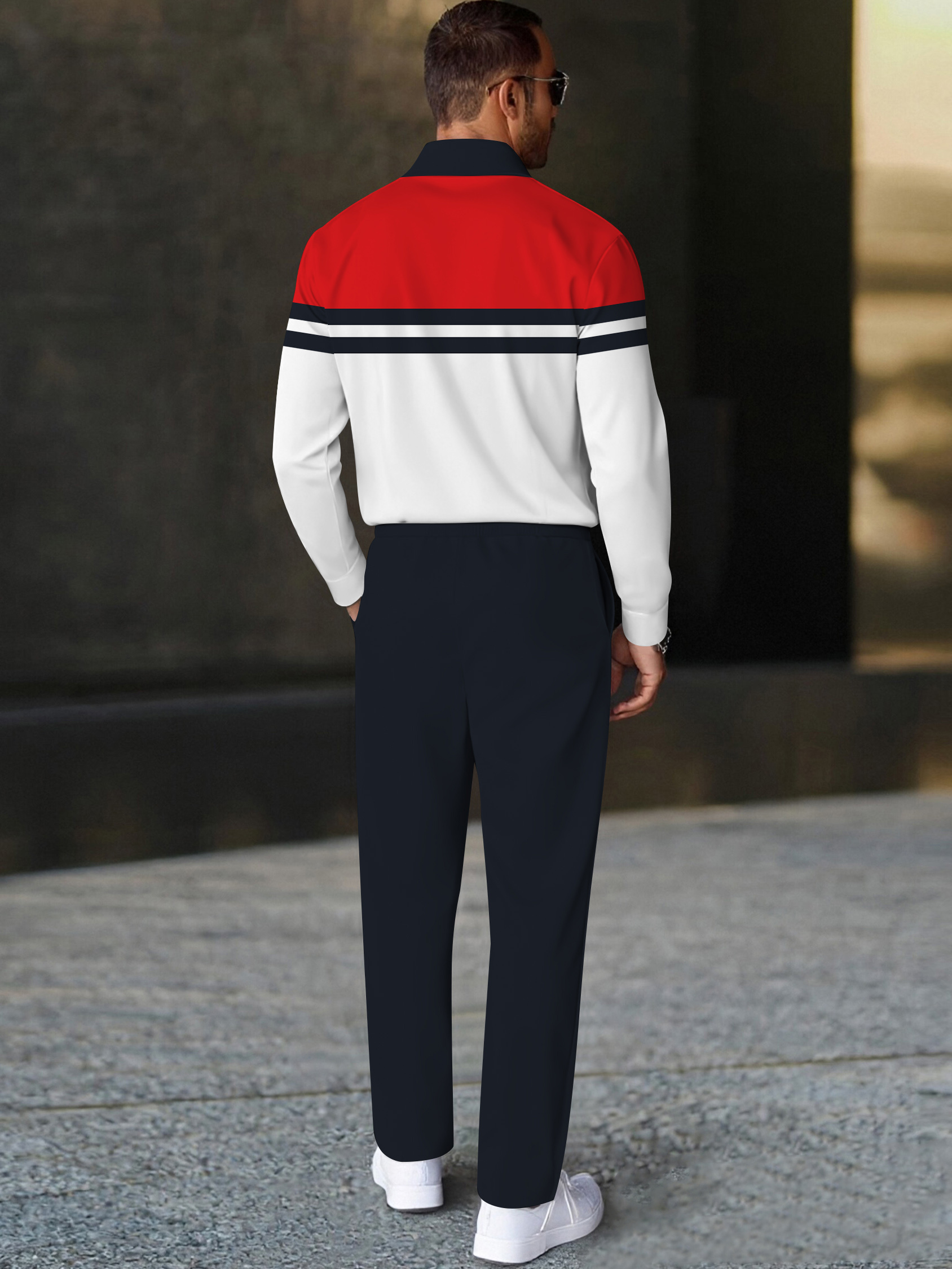 Men's fashionable multi-color striped print polo long-sleeve two-piece set