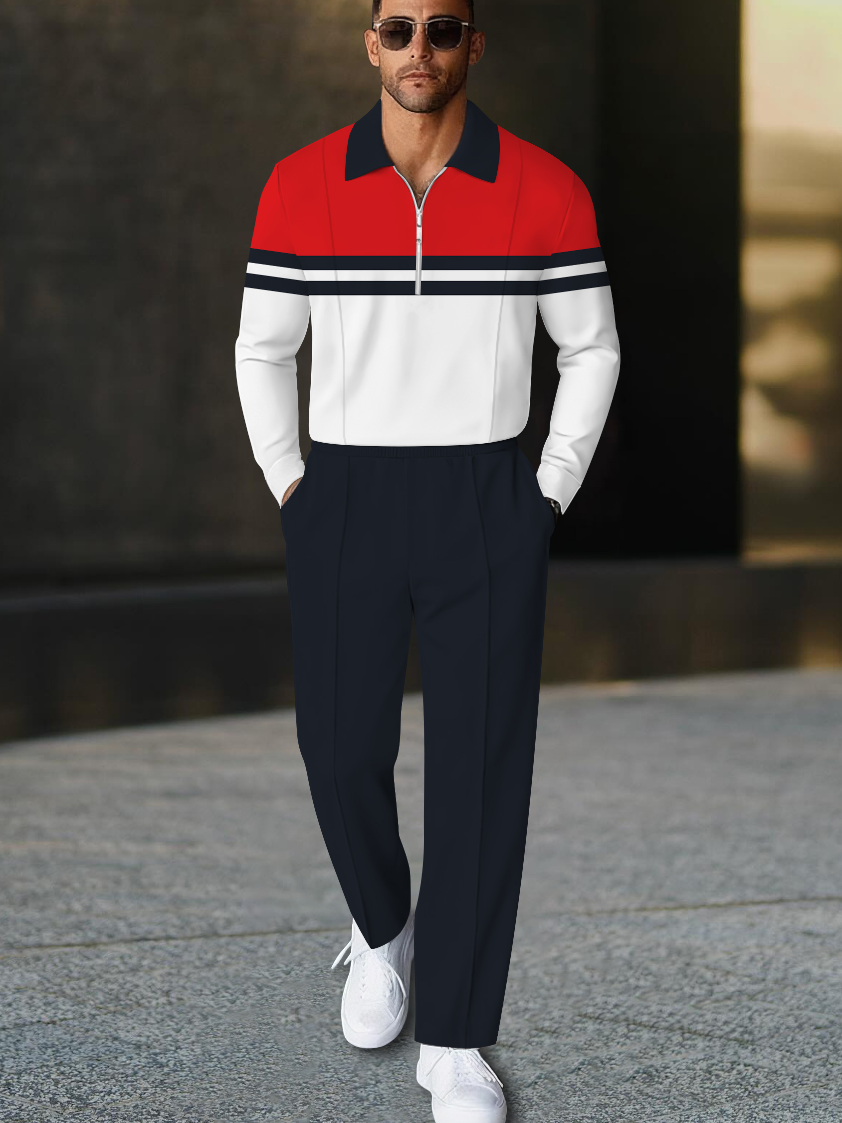 Men's fashionable multi-color striped print polo long-sleeve two-piece set