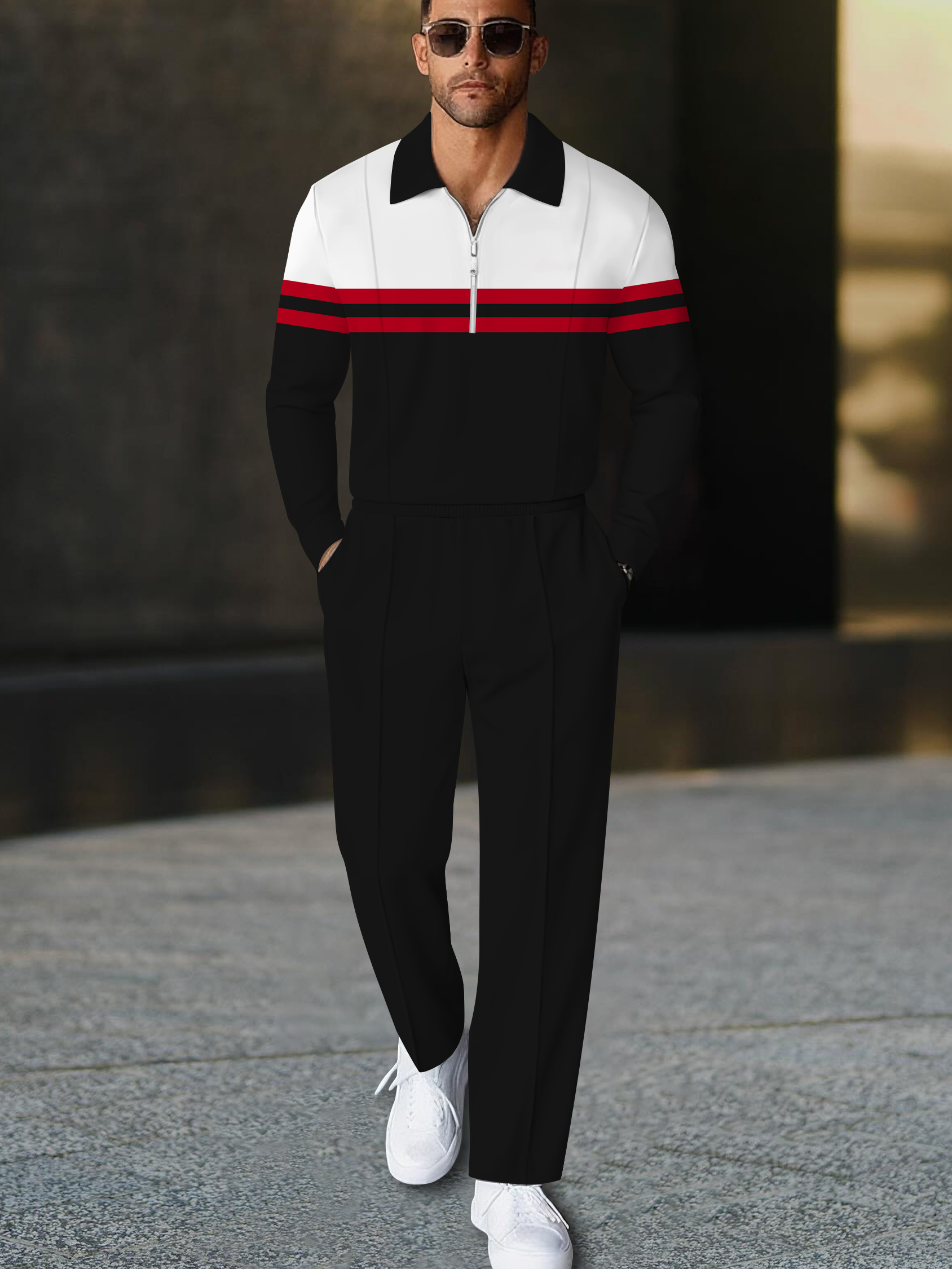 Men's fashionable multi-color striped print polo long-sleeve two-piece