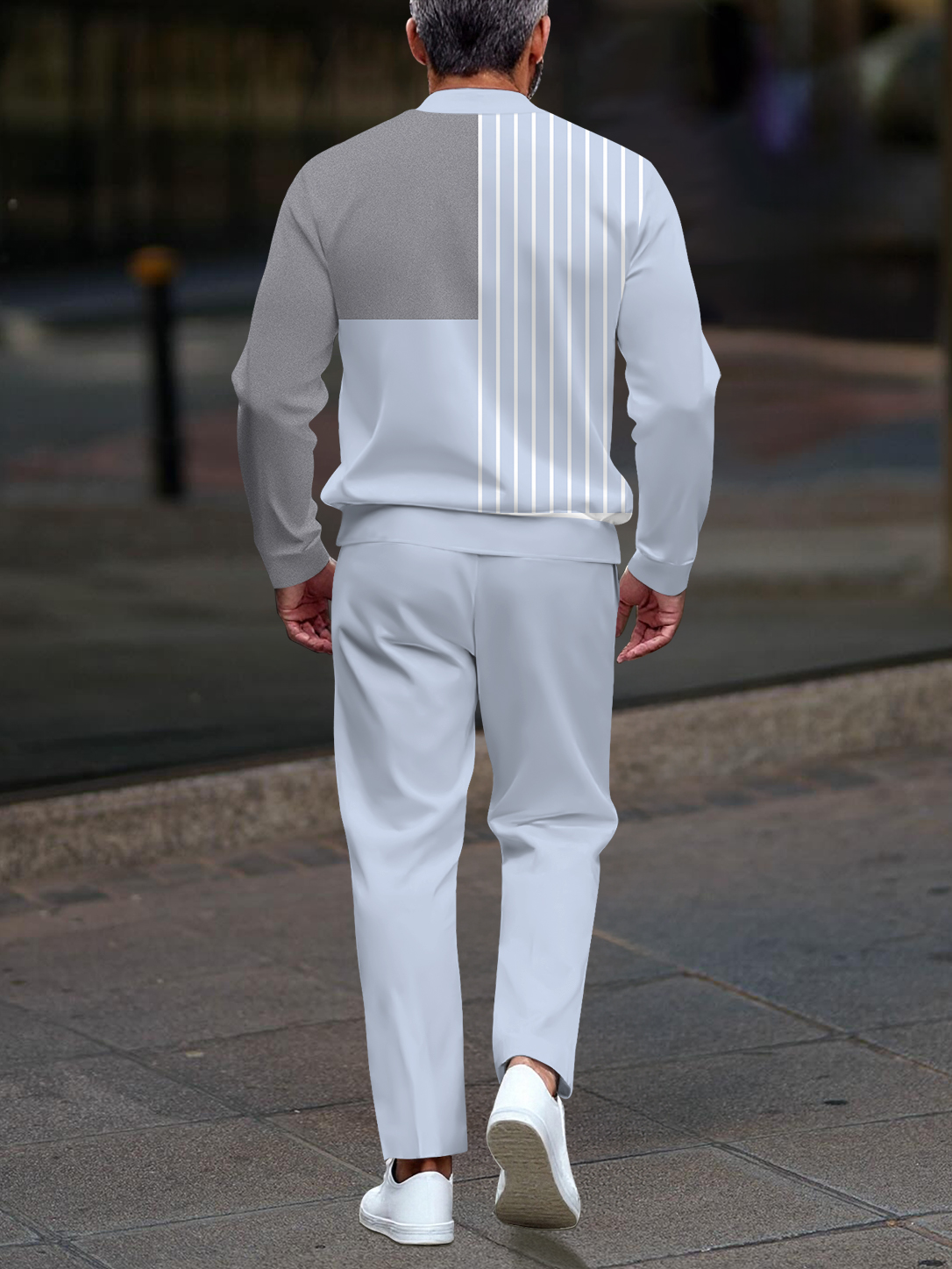 Men's casual blue striped printed zipper long-sleeved two-piece set