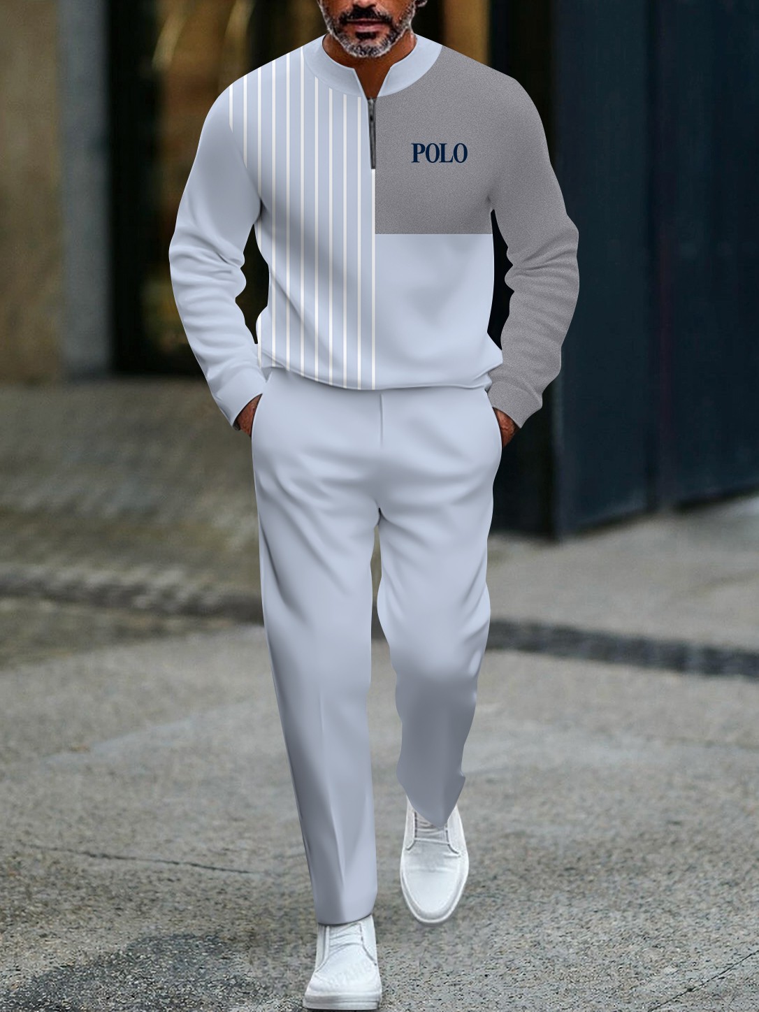 Men's casual blue striped printed zipper long-sleeved two-piece set