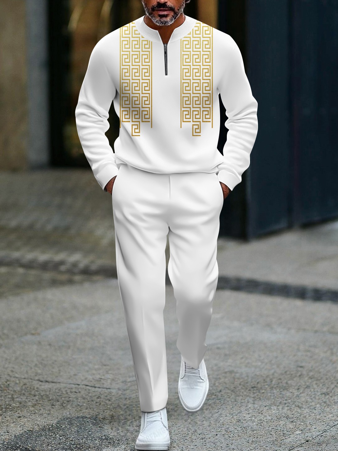 Men's casual golden geometric print zipper long-sleeved two-piece set