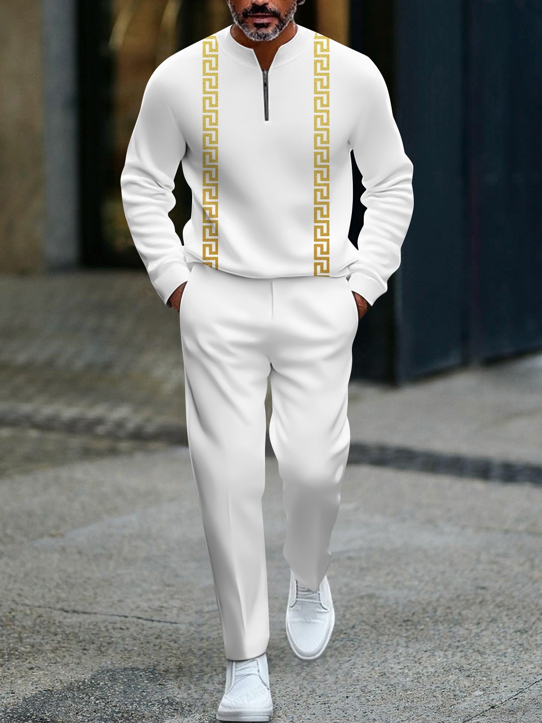 Men's fashionable geometric print zipper long-sleeved two-piece set