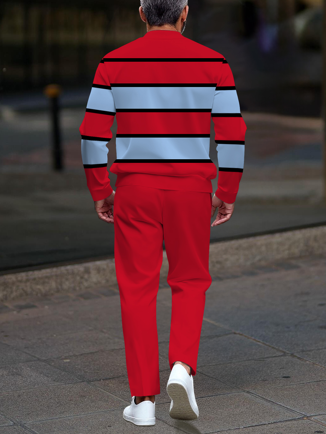 Men's casual red and blue striped printed zipper long-sleeved two-piece set