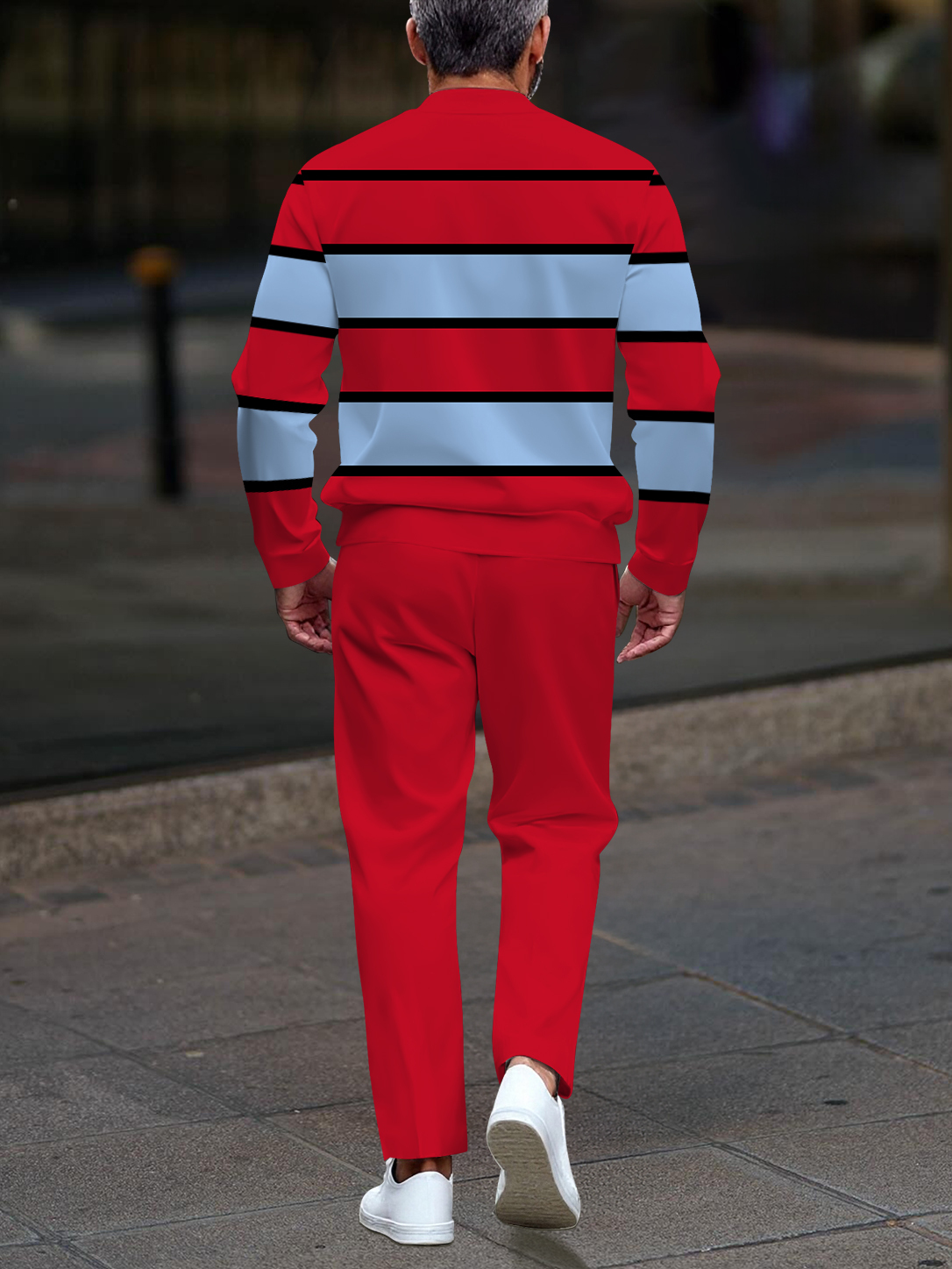 Men's casual red and blue striped printed zipper long-sleeved two-piece set