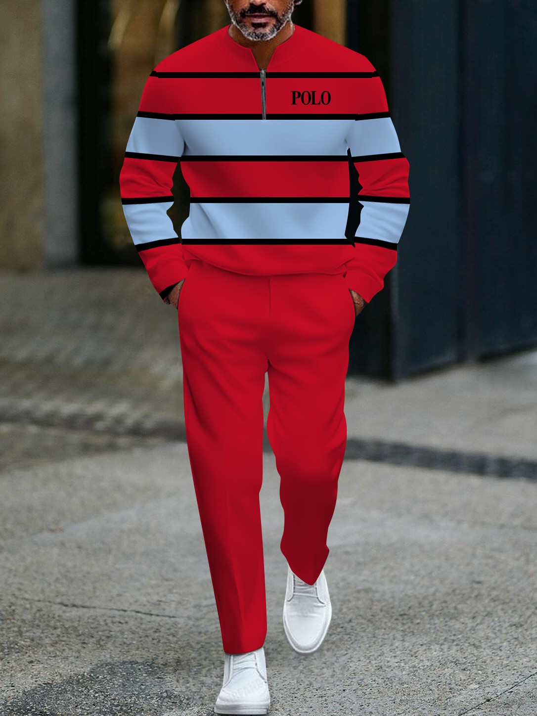 Men's casual red and blue striped printed zipper long-sleeved two-piece set