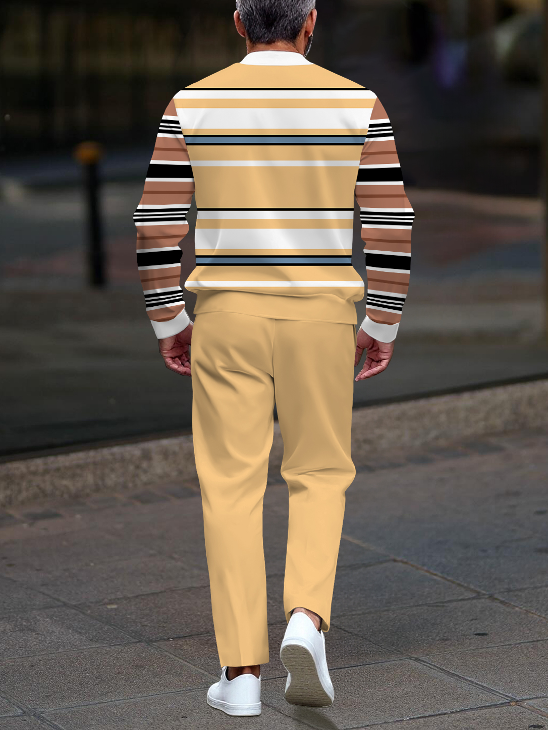 Men's stylish striped print zipper long-sleeved two-piece set