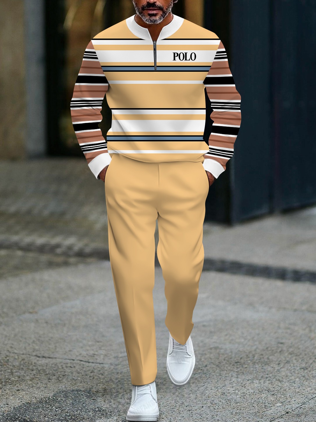 Men's stylish striped print zipper long-sleeved two-piece set