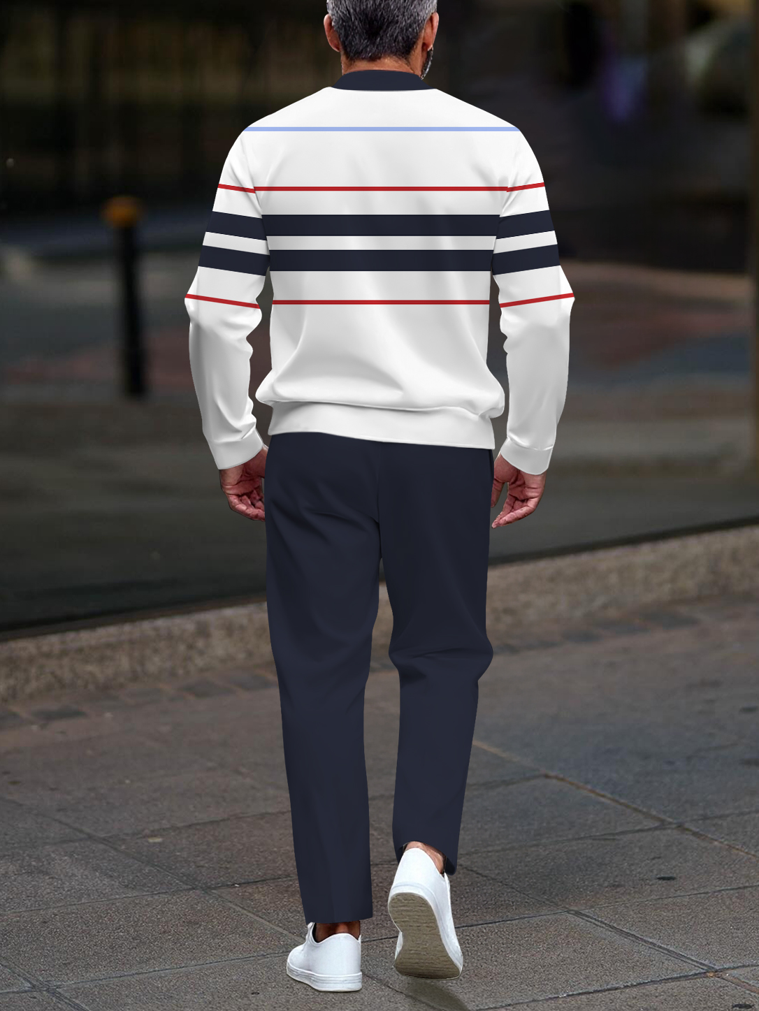 Men's casual striped printed round-neck zipper long-sleeve two-piece set