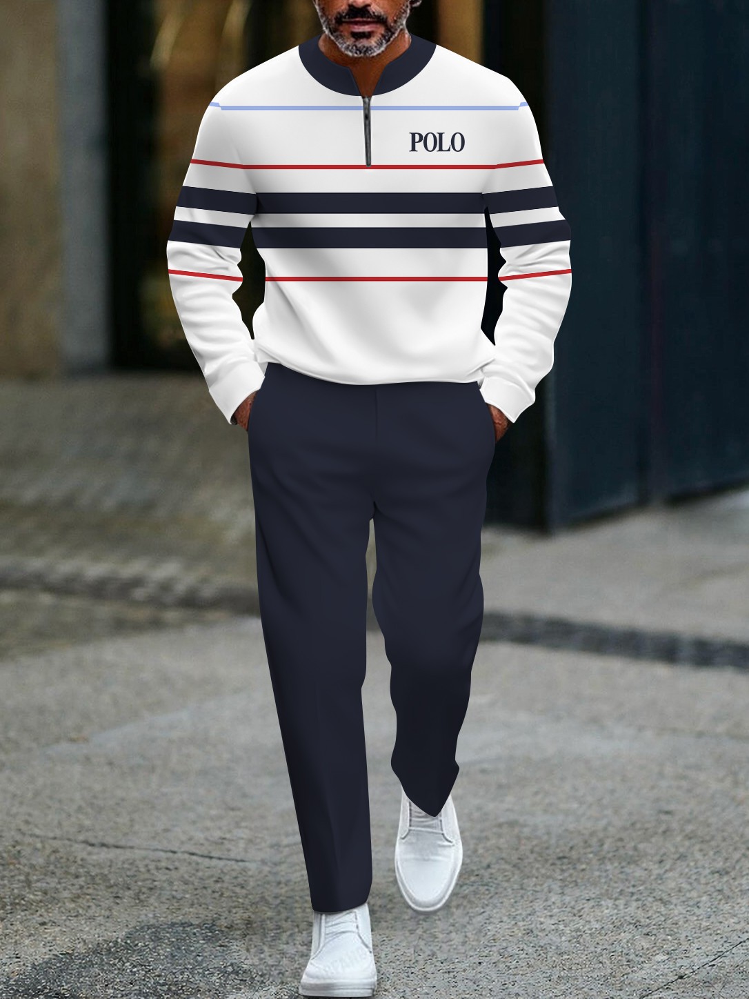 Men's casual striped printed round-neck zipper long-sleeve two-piece set