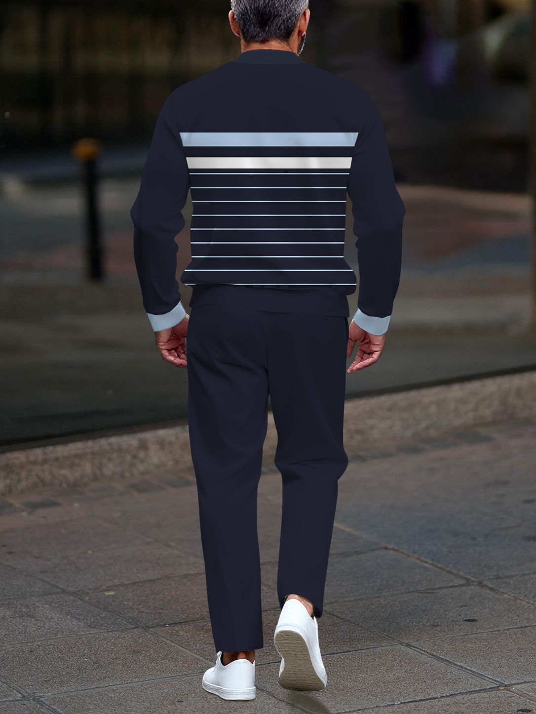 Men's casual navy striped printed button-down long-sleeved two-piece set